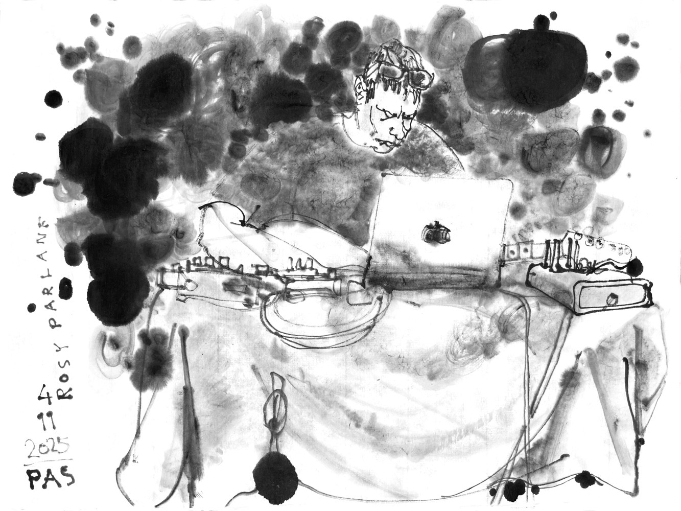 Ink drawing of a man, sitting at a desk with a laptop and other electronic devices, playing an electric guitar.