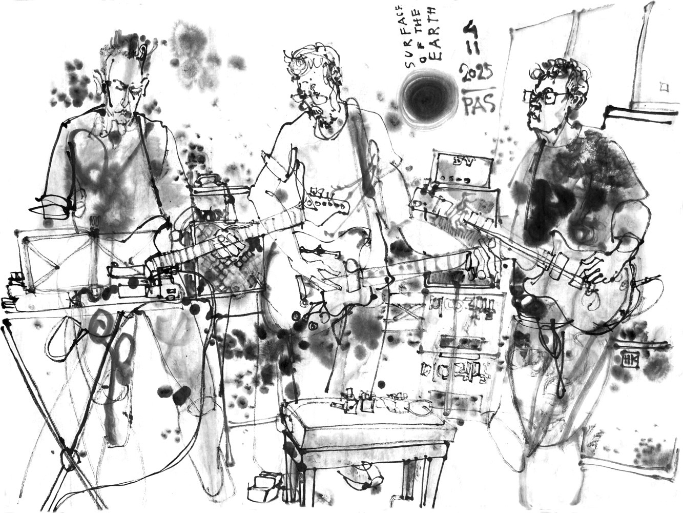 Ink drawing of three men with electric guitars.
