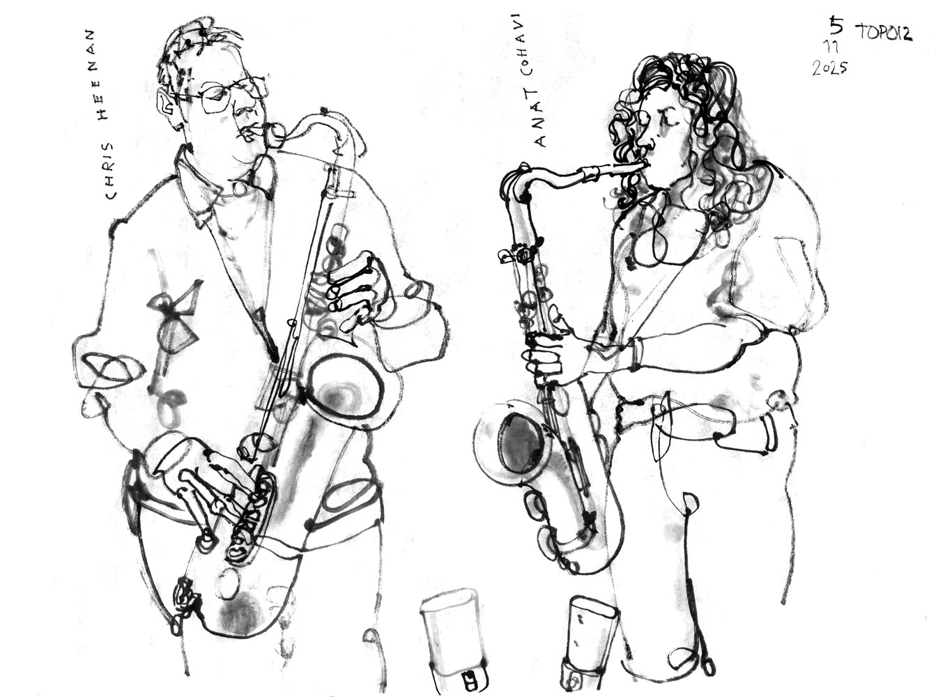 Tuschezeichnung eines Mannes und einer Frau - beide spielen Saxophon.