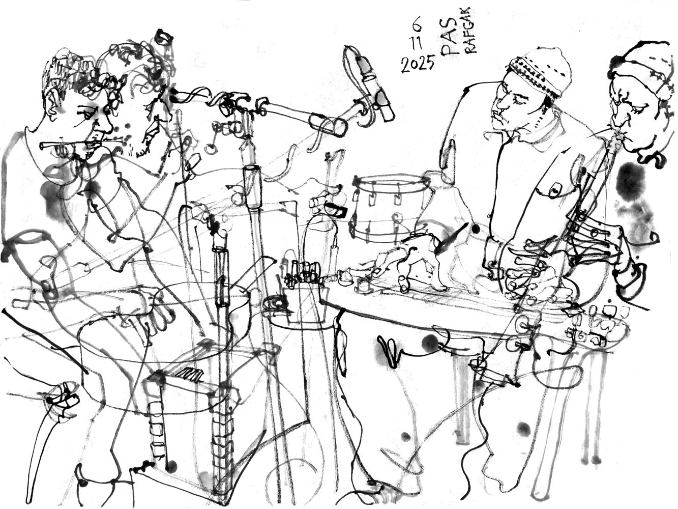 Ink drawing of two musicians - both depicted overlaying in multiple poses. A man is playing multiple objects, including an acoustic guitar, lying on an amplifier, drumsticks and a metal box played with a bow. Another man plays lap steel guitar and saxophone.