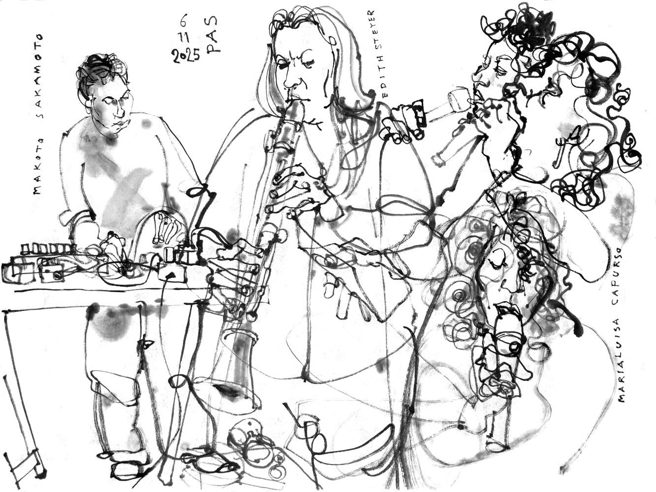 Ink drawing of three musicians, performing. A man is standing behind a desk with electronic devices, a woman is playing clarinet and another woman is singing (the last depicted in three different poses)