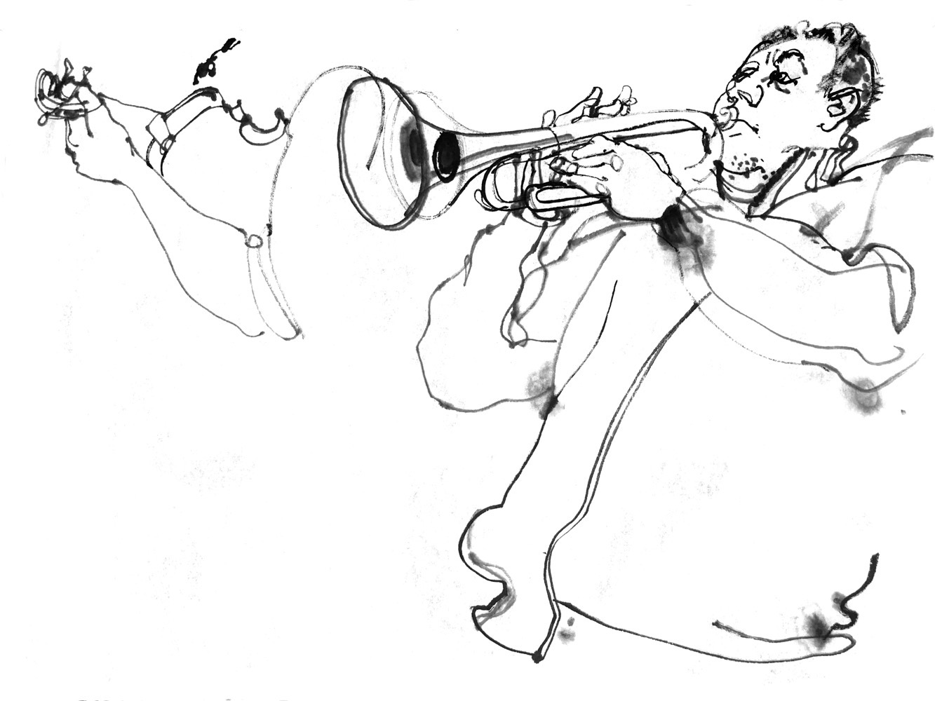Tuschezeichnung eines Trompeters.