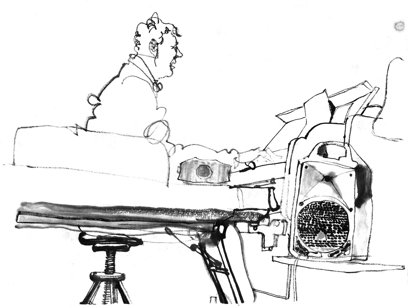 Tuschezeichnung eines Mannes, der Orgel spielt und singt. Vor ihm steht ein E-Piano.