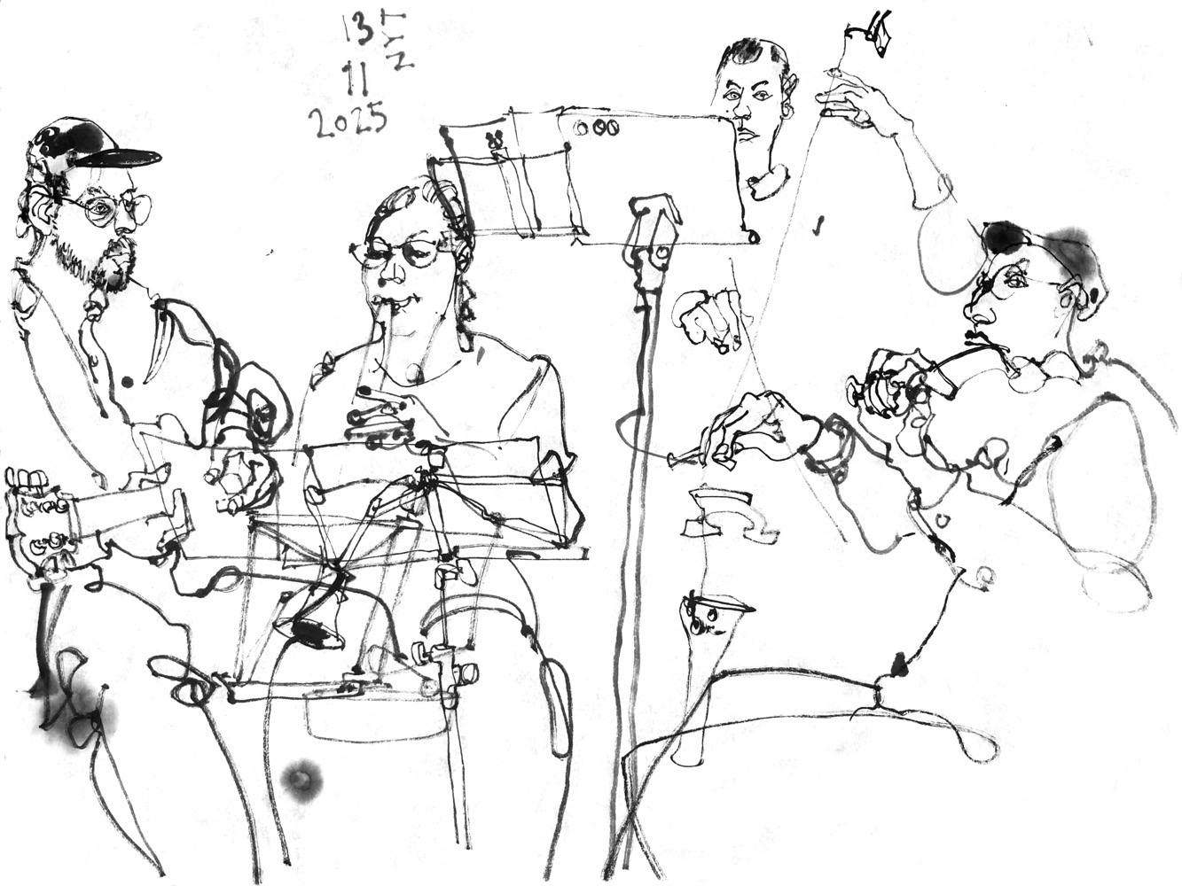 Ink drawing of four musicians, performing: A man playing electric guitar, a woman clarinet, a man dounle bass and another man violin.