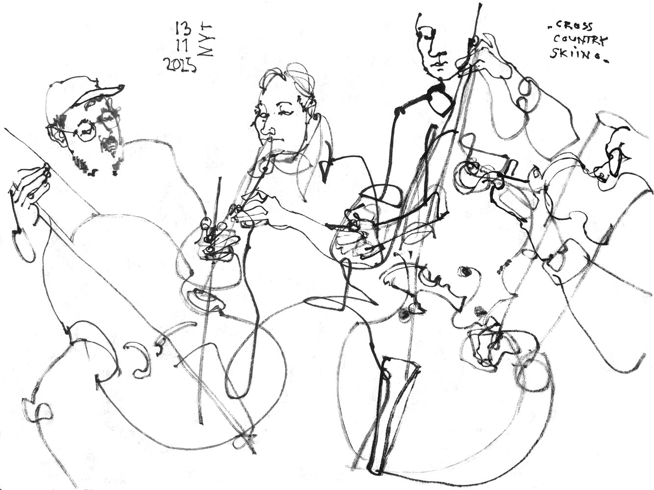 Ink drawing of four musicians, performing: A man playing viola da gamba, a woman clarinet, a man dounle bass and another man violin.