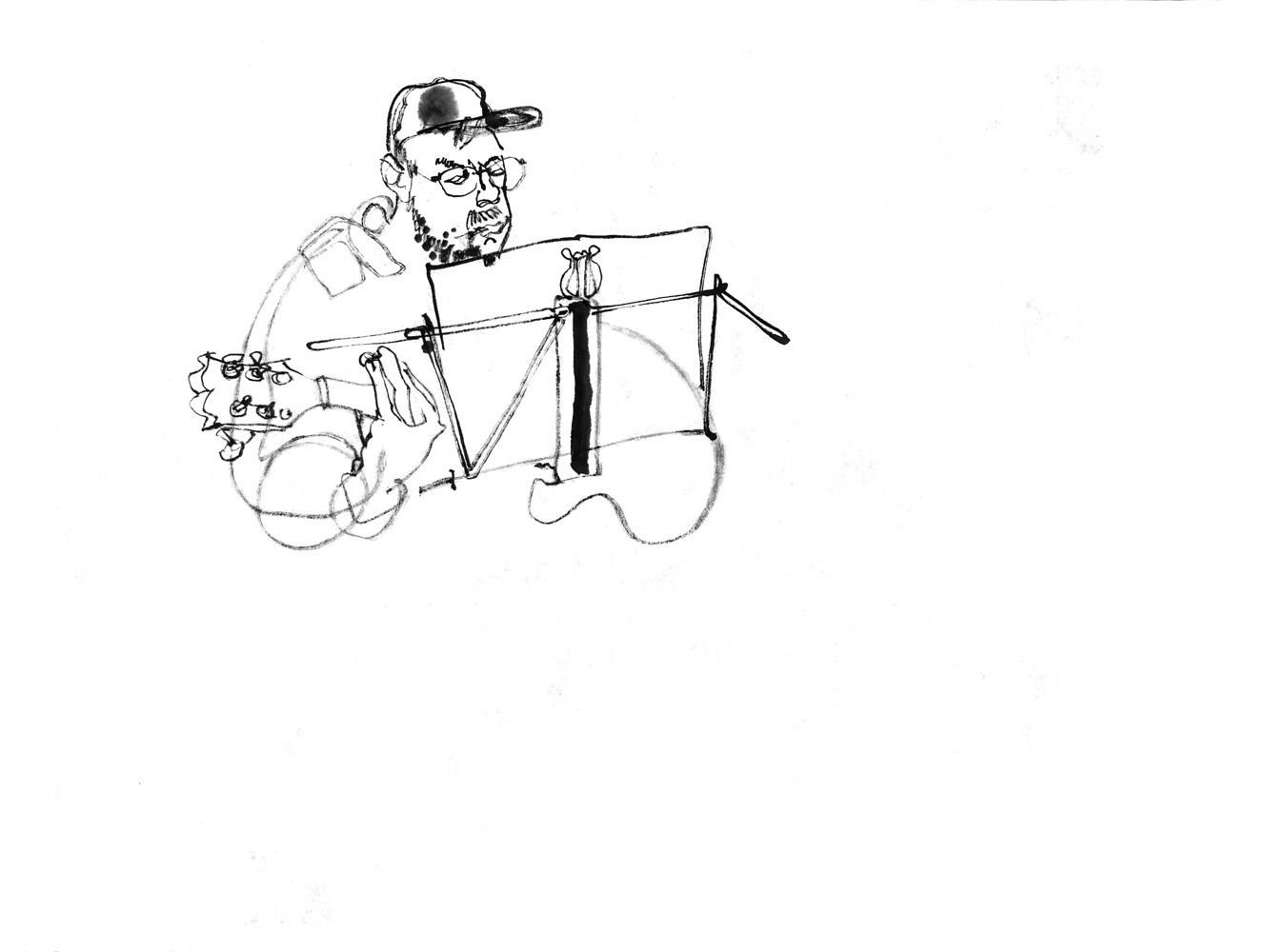 Ink drawing of a man, playing electric guitar.