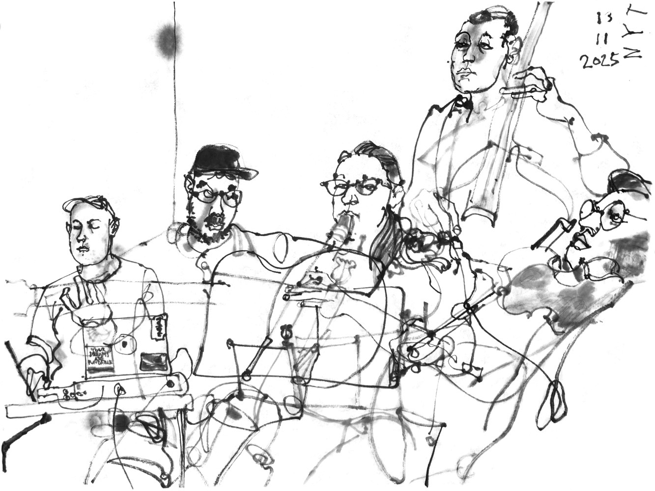 Ink drawing of five musicians, performing: electronics, electric guitar, clarinet, double bass and violin.