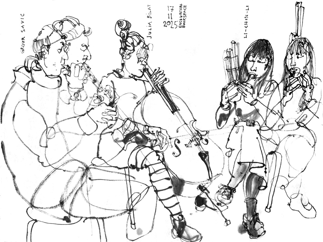 Ink drawing of three musicians performing: a man playing a hose and a saxophone, a woman playing cello and another woman playing sheng.