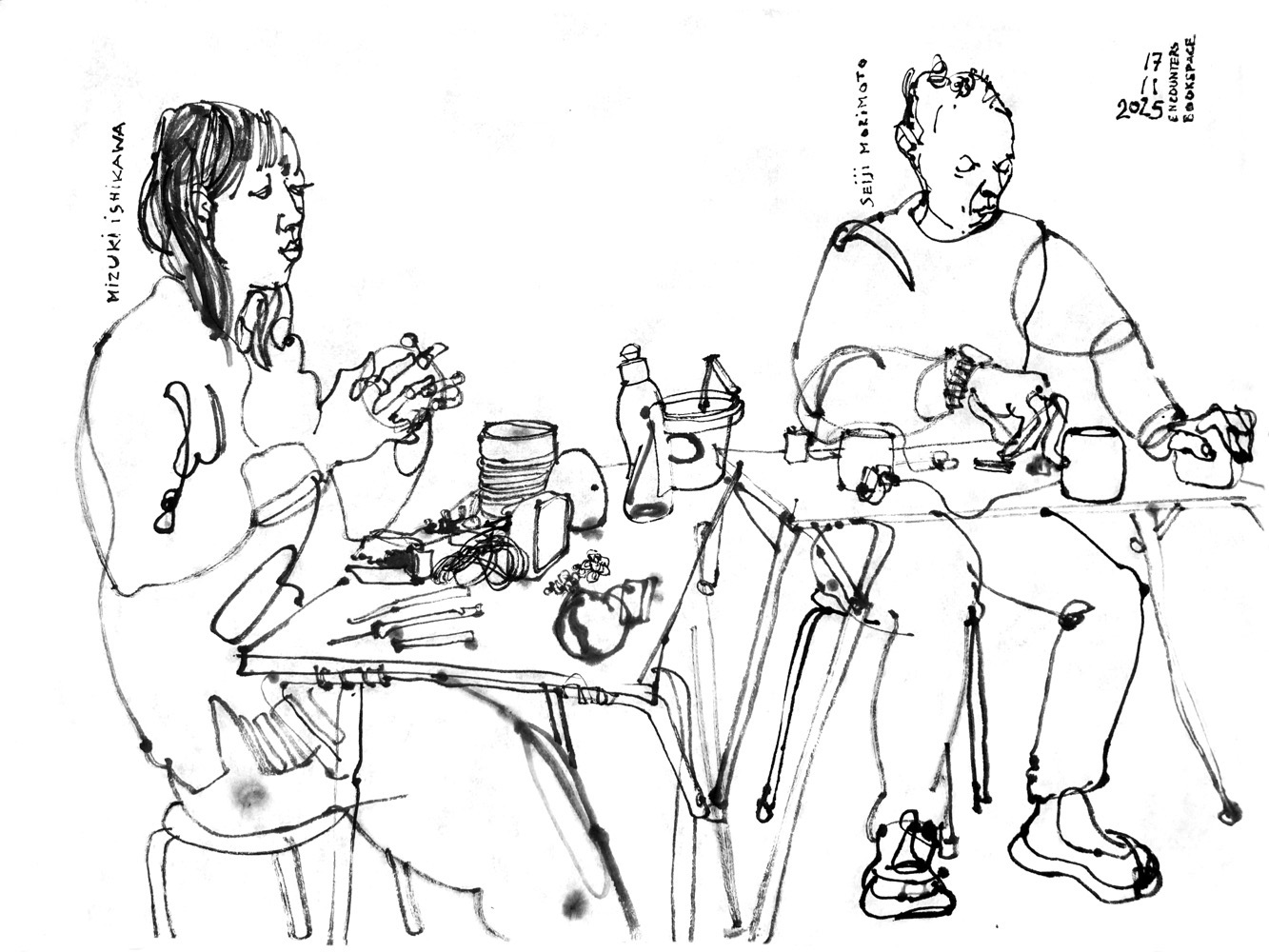 ink drawing of two musicians, a woman and s man, sitting at tables with diverse objects.