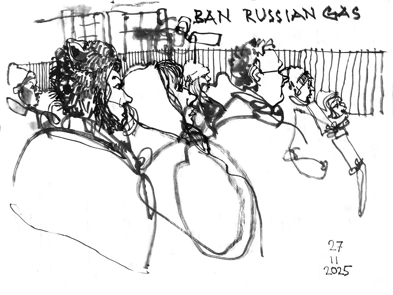 Tuschezeichnung einer Kundgebung vor dem Kanzleramt, Zitat auf dem Blatt: “BAN RUSSIAN GAS”