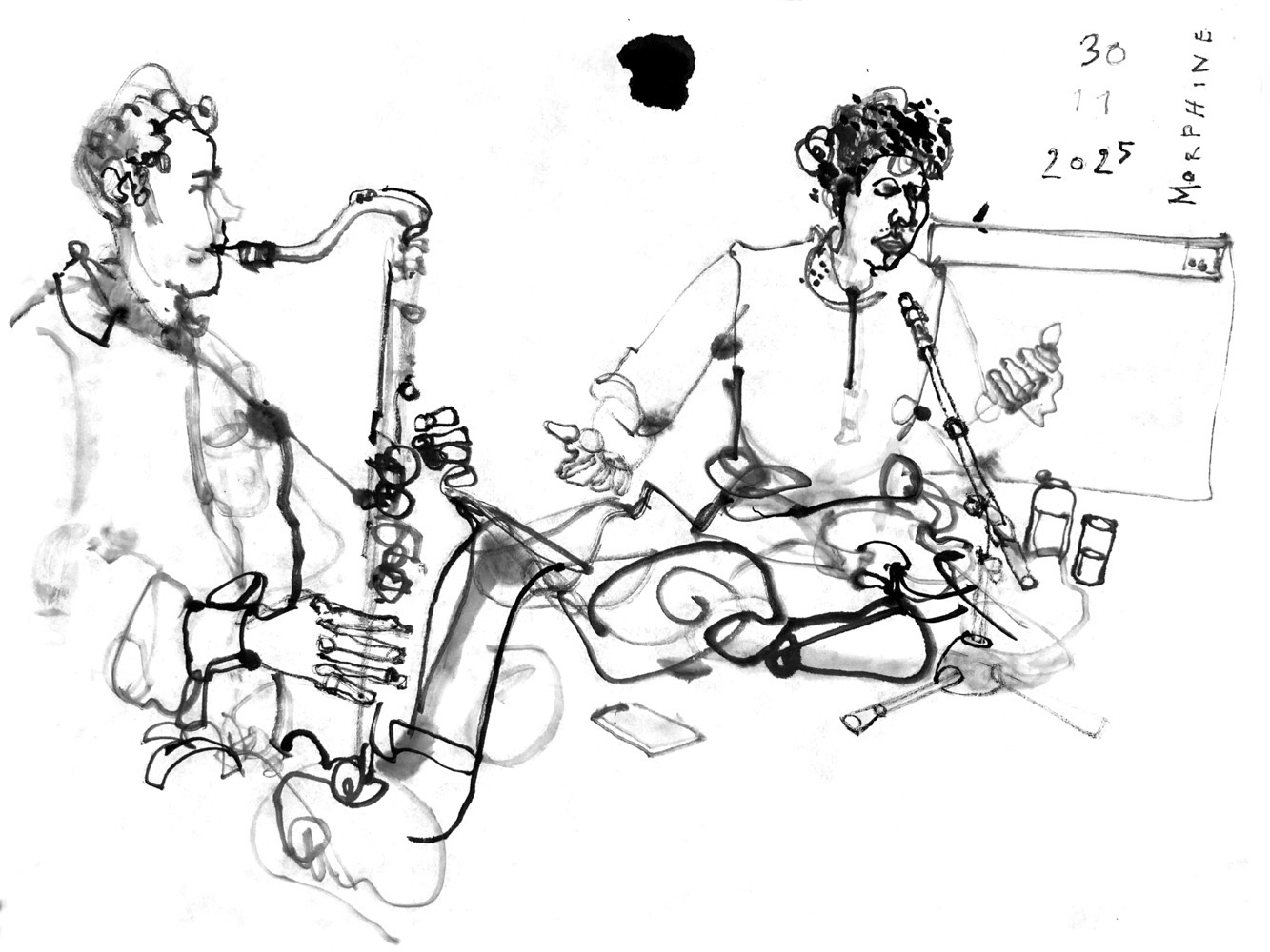 Ink drawing of two musicians, sitting on the floor of a stage. A man is playing saxophone and another man is singing.