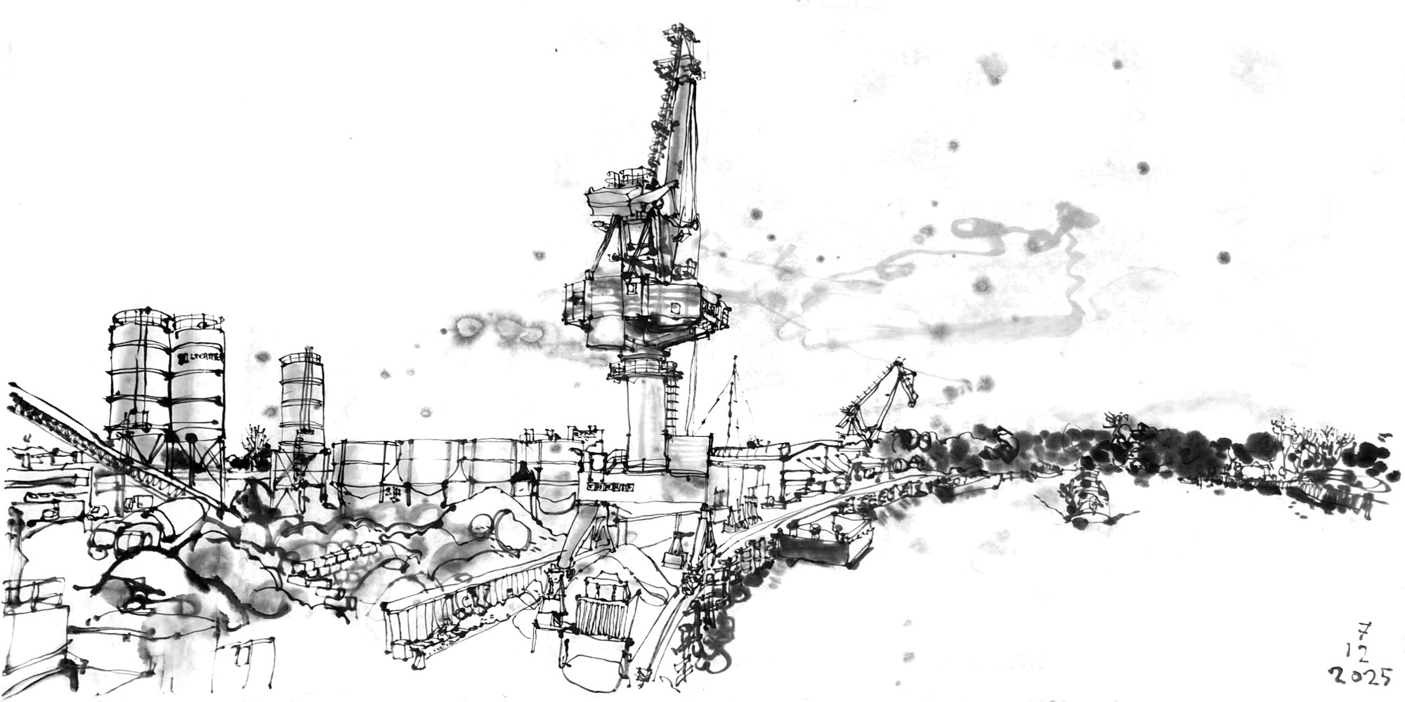 Tuschezeichnung eines Betonwerks am Fluss. In der Mitte des Bildes ist ein Hafenkran an der Kaiwand, rechts dahinter ein weiterer. Am Kai liegt eine Barge, weiter hinten ein Binnenschiff und ein Ausflugsschiff. Ein Schubverband kommt den Fluss hinauf. Links, im Hafengelände sind Silos, Sandhaufen und ein paar Mischlaster, dahinter Hallen. Der Fluss biegt nach rechts hinten aus dem Bild, das ferne Ufer ist bewaldet.
