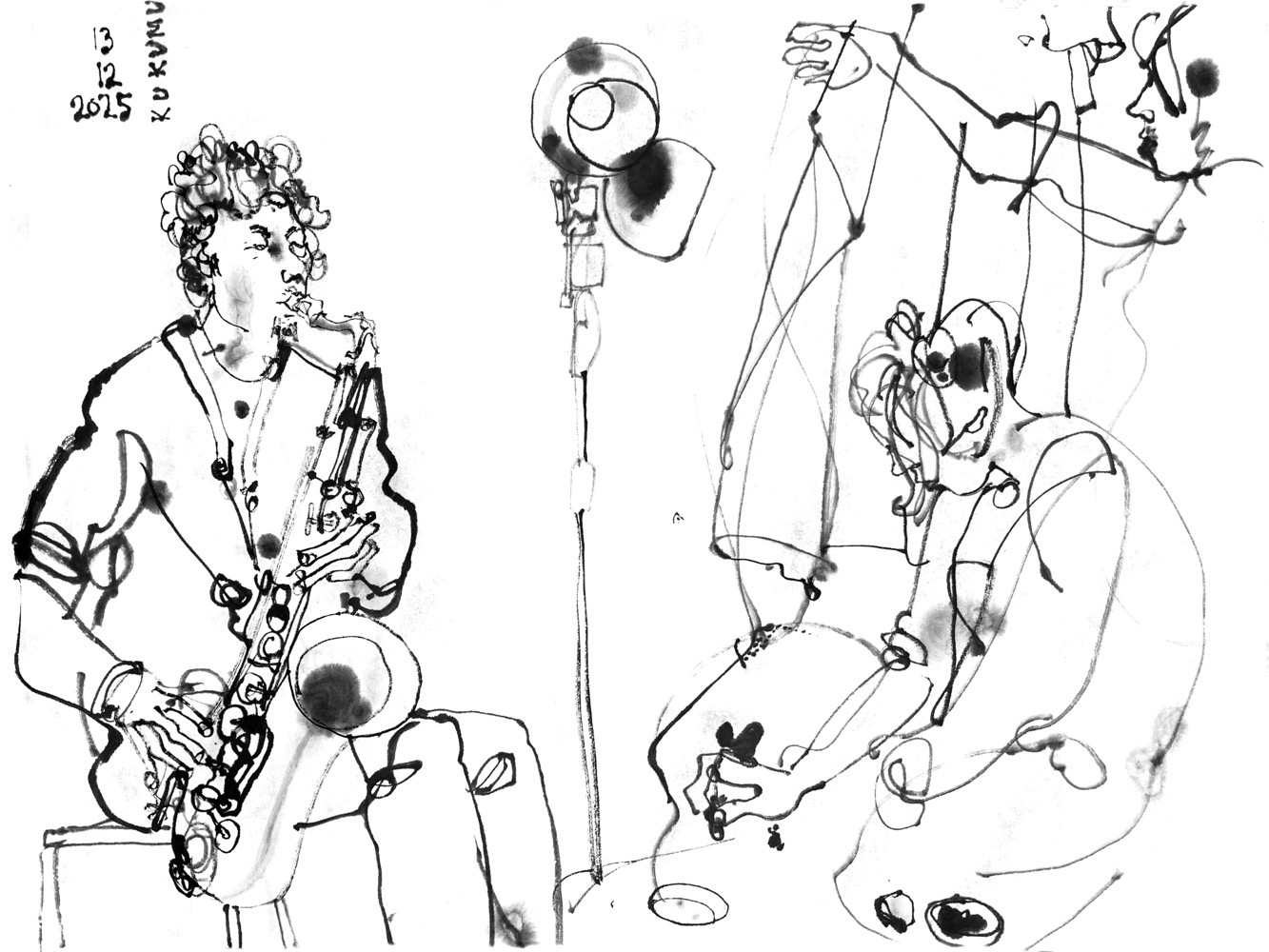 Inkdrawing of two perfoemers, a man playing saxophone and a woman, painting.