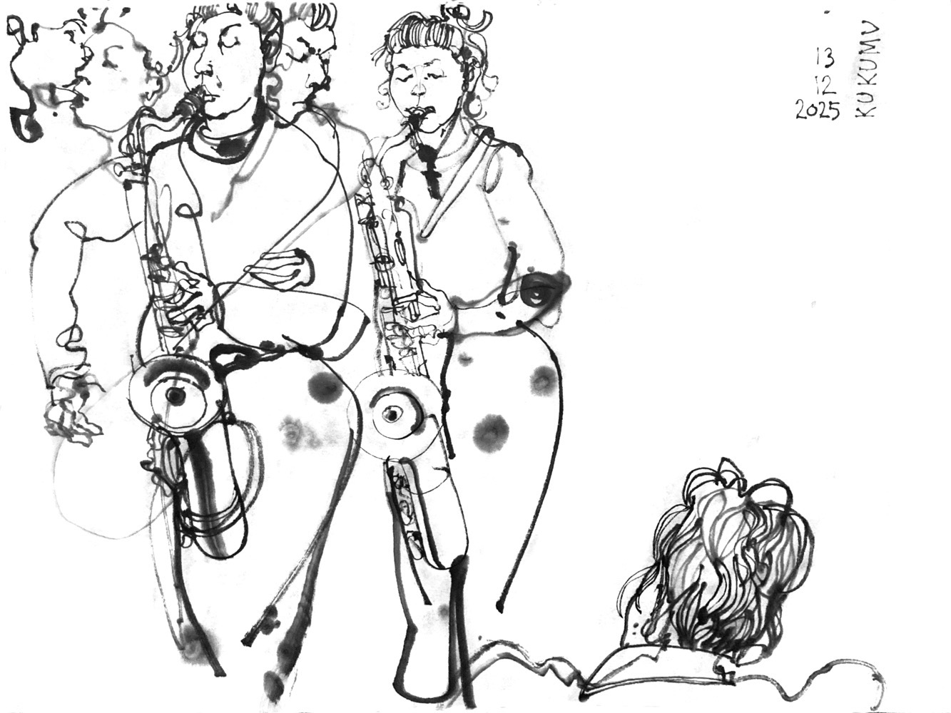 Ink drawing of a woman, playing saxophone (depicted multiple times). Backhead of a man of the audience, low right.