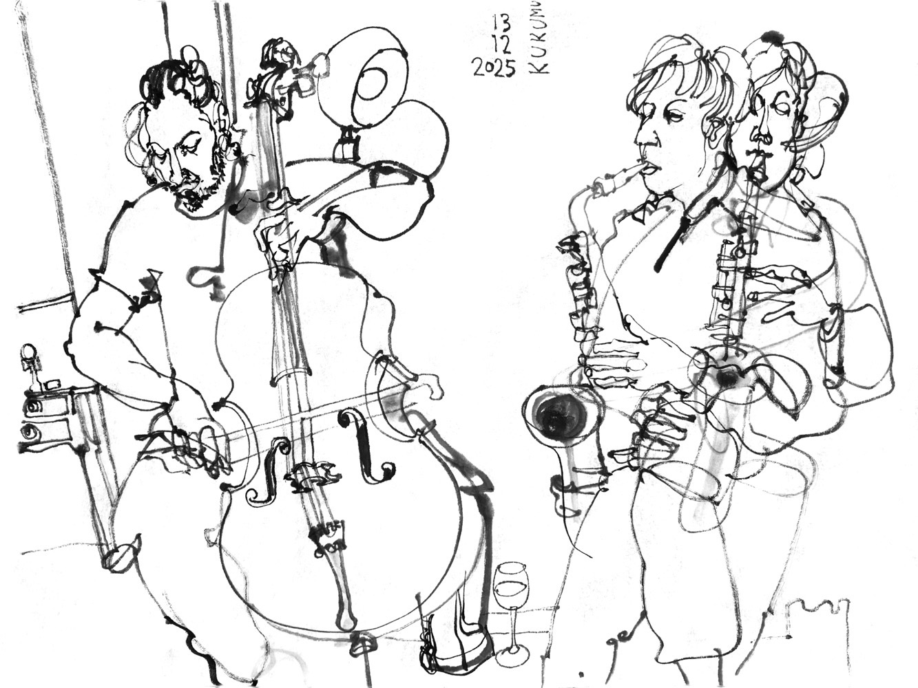 Ink drawing of two men, performing, one playing cello, the other saxophone (the latter depicted in multiple poses)
