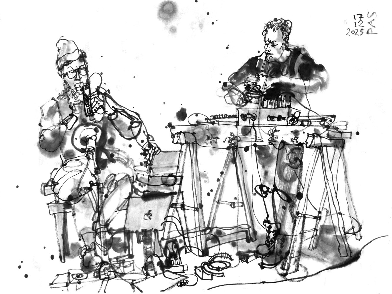 Ink drawing of two women, playing trumpet, on the left sitting on a chair with a laptop, an IPad and diverse electronic devices in front, on the right standing behind a desk with a lot of devices connected with cables.