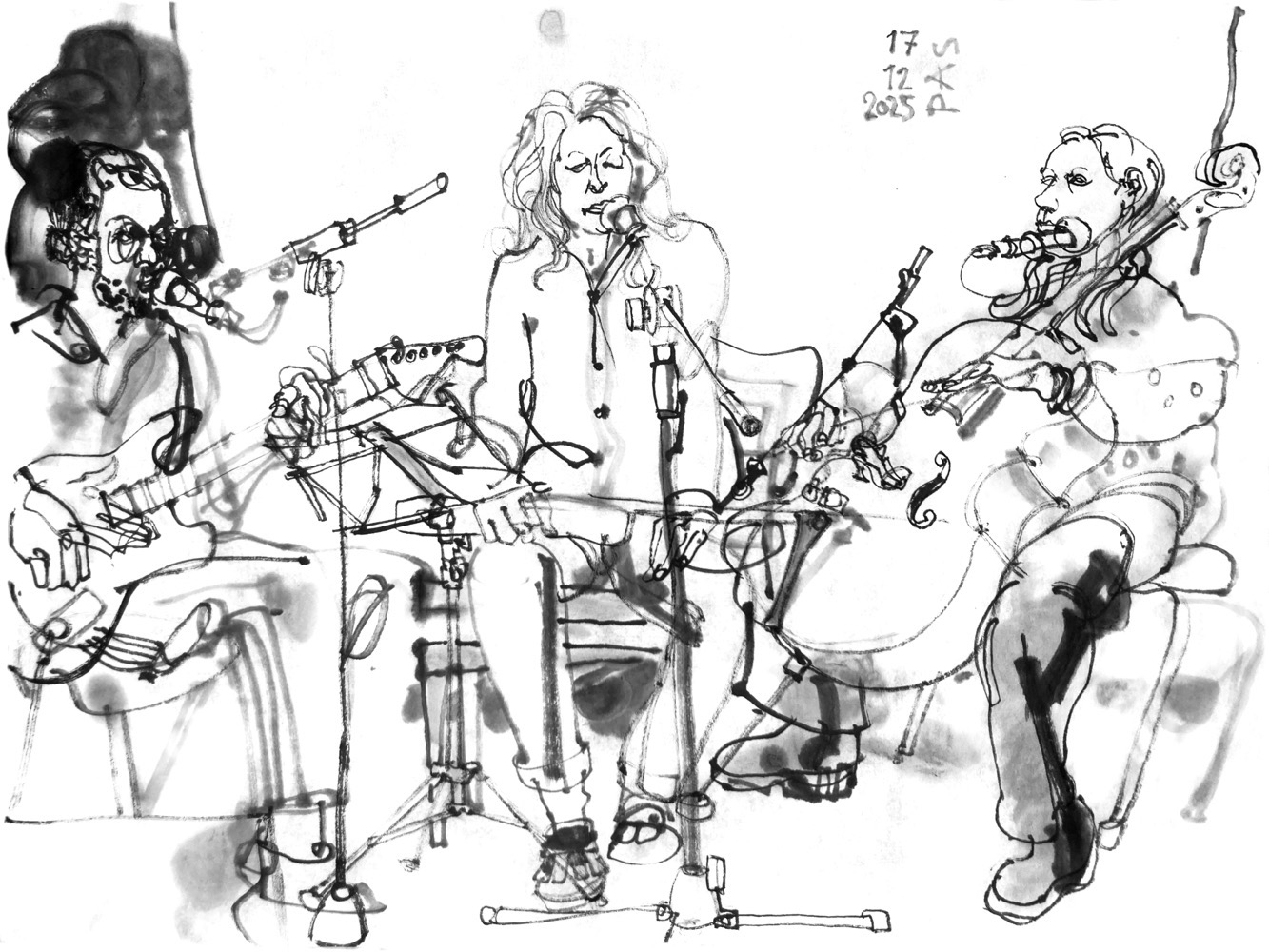Inkdrawing of three musicians, performing, on the left a man, playing electric guitar and singing, in the middle a woman singing, holding an electric guitar on her lap without plying it and on the right a woman, playing cello, having a voice mic too.