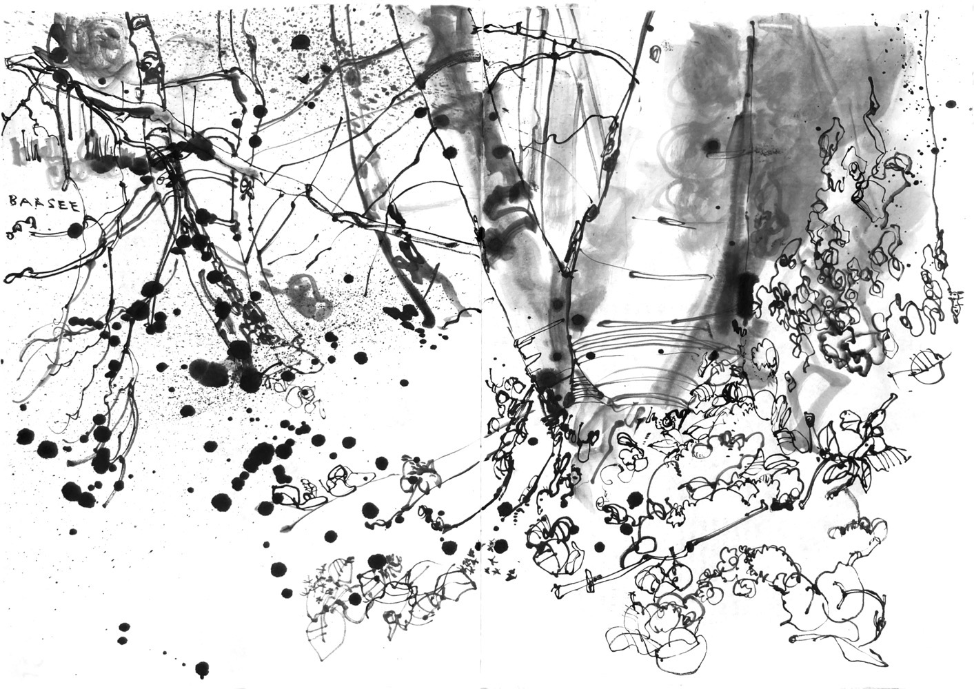 Tuschezeichnung eines Waldstücks - rechts vorne Wurzeln und mehrere Stämme einer Buche. Der belaubte Waldboden fällt nach links hinten ab, dort stehen geneigte Birken und Buchen, ganz unten links dann der See.