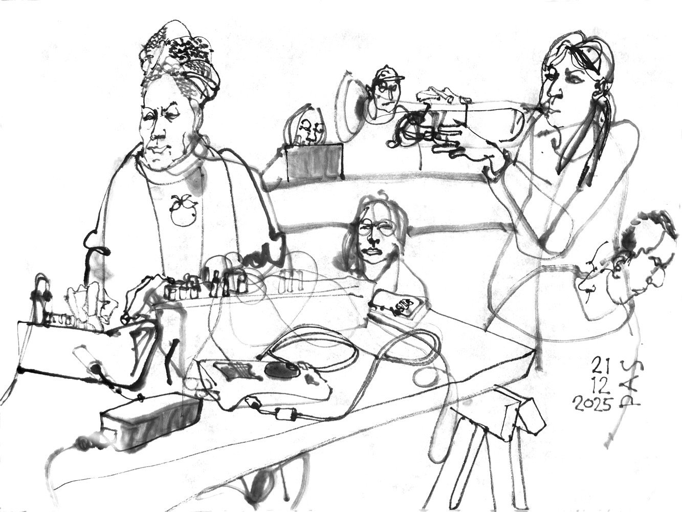Ink drawing of musicians, performing: a woman playing electronics, another woman on trumpet, and a man, using radios and vocals. Audience is in-between.