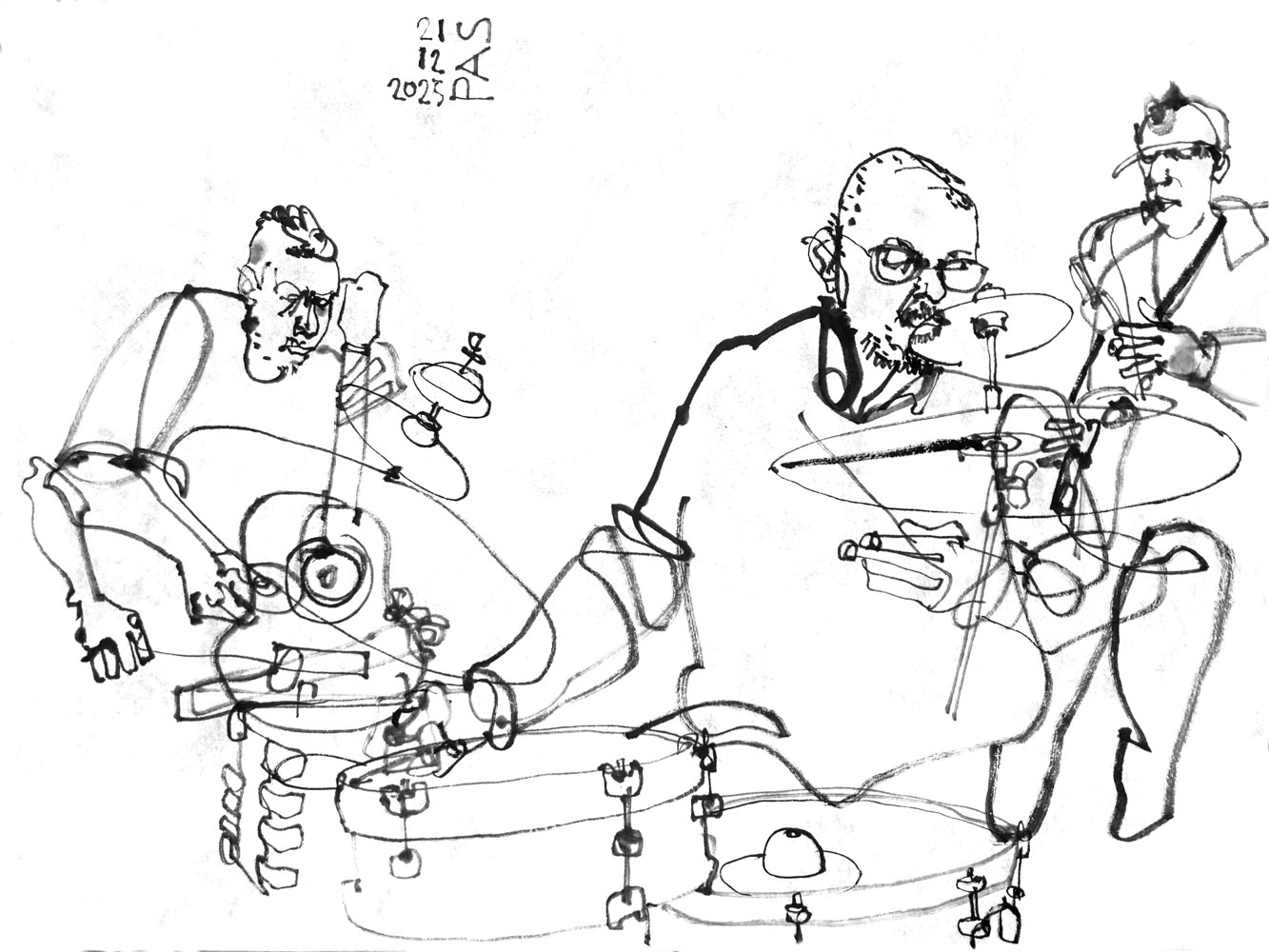 Ink drawing of three male musicians, performing, one objects (including a guitar), another drums and a third saxophone.