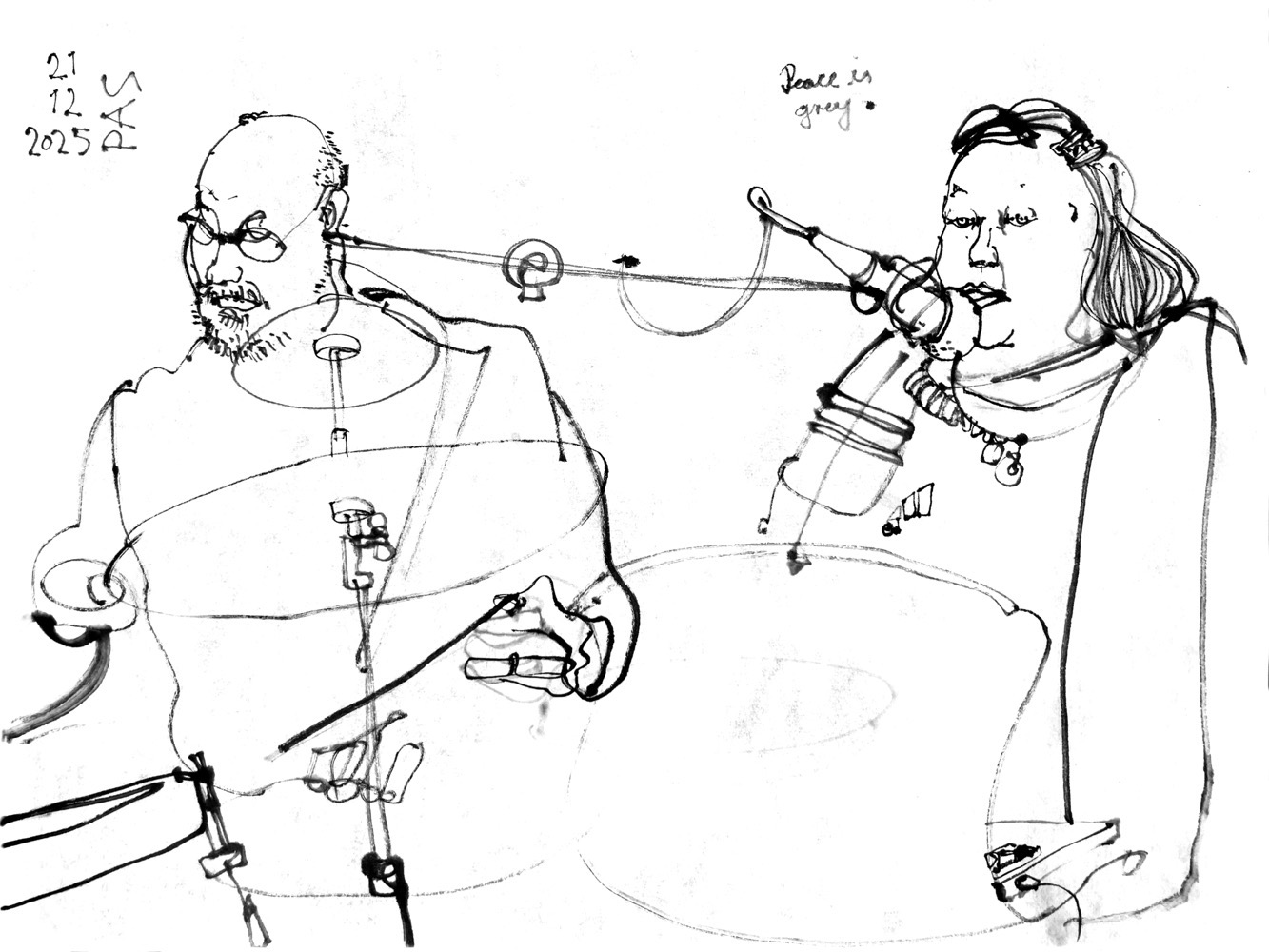 Ink drawing of a man playing drums and a woman reading poetry.