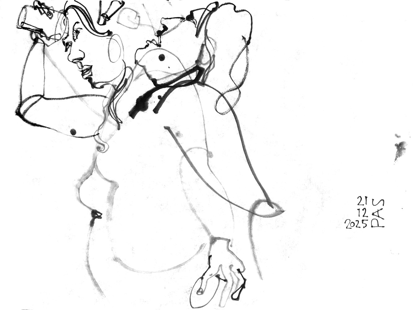 Ink drawing of a woman performing with water glasses and voice.