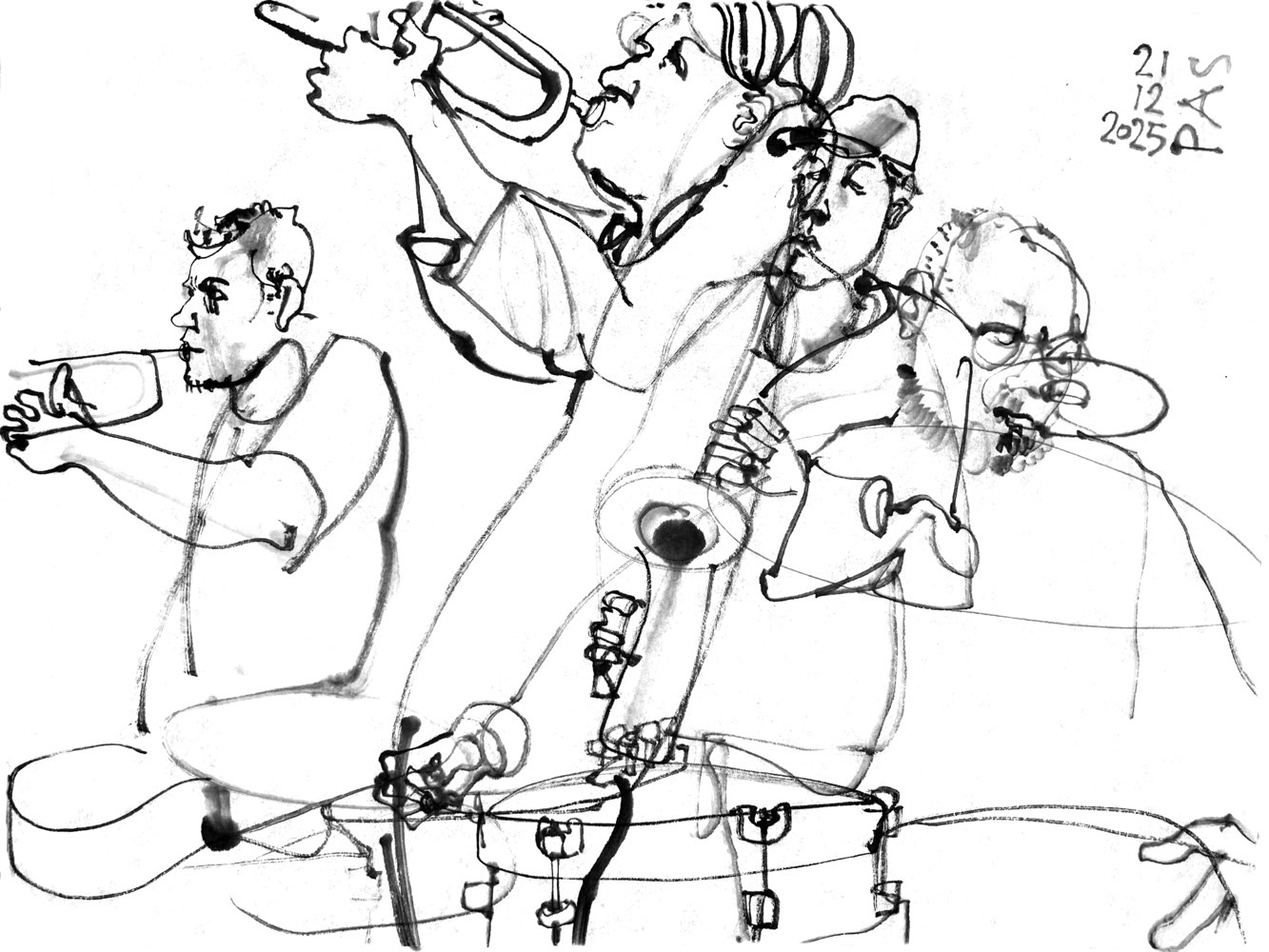 Ink drawing of four musicians performing: a man and a woman, playing trumpets, a man on saxophone and another man on drums.