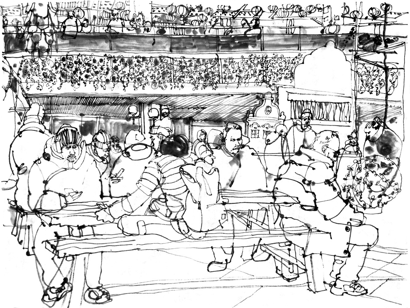 Tuschezeichnung aus einem Einkaufszentrum: An Tischen in einer mehrgeschossigen Halle sitzen Menschen mut dicker Winterkleidung. Über den menschen sieht man die mit Lichternetzen geschmückte Balustrade der Galerie und dahinter in ein Chinarestaurant hinein, an dessen Decke viele Papierbalonlampen hängen.