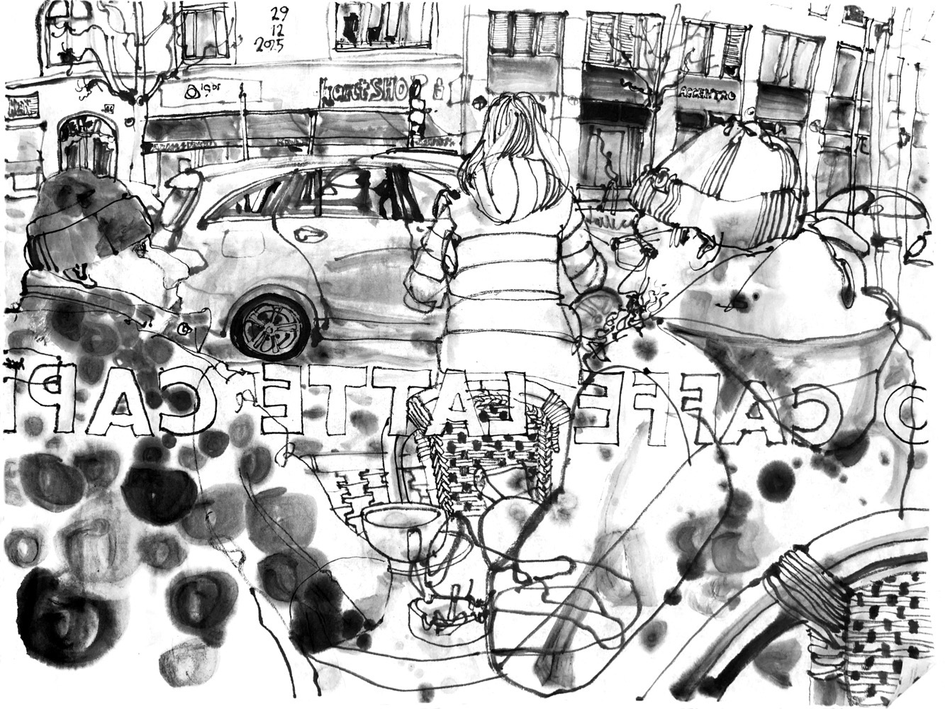 Tuschezeichnung des Blicks durch das Schaufenster eines Cafés auf eine Straße. Vor dem Fenster sitzen zwei Männer mit Jacken und Mützen an einem Tisch auf dem Bürgersteig. Auf dem Tisch stehen eine Tasse und ein mit Zigarettenstummeln gefüllter Aschenbecher. Auf dem Bürgersteig steht eine Frau mit dem Rücken zum Fenster, am Strassenrand parkt ein Auto.Dahinter sind die unteren beiden Etagen der Häuserfassaden auf der gegenüber liegenden Straßenseute zu sehen.