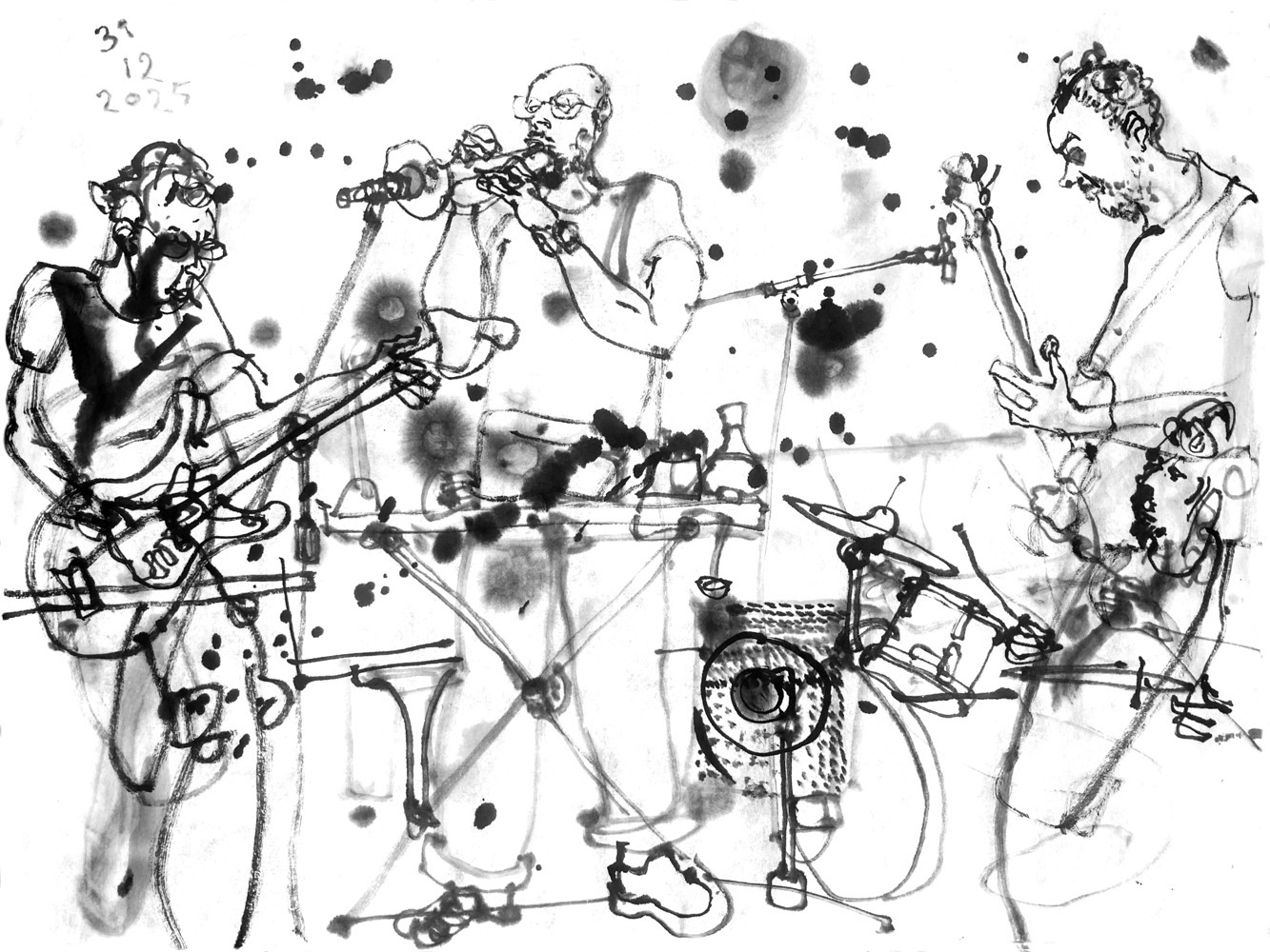 ink drawing of four men, performing: two bass players (at the sides), a trumpet player behind a desk with som electronics in center and a drummer in the back right.