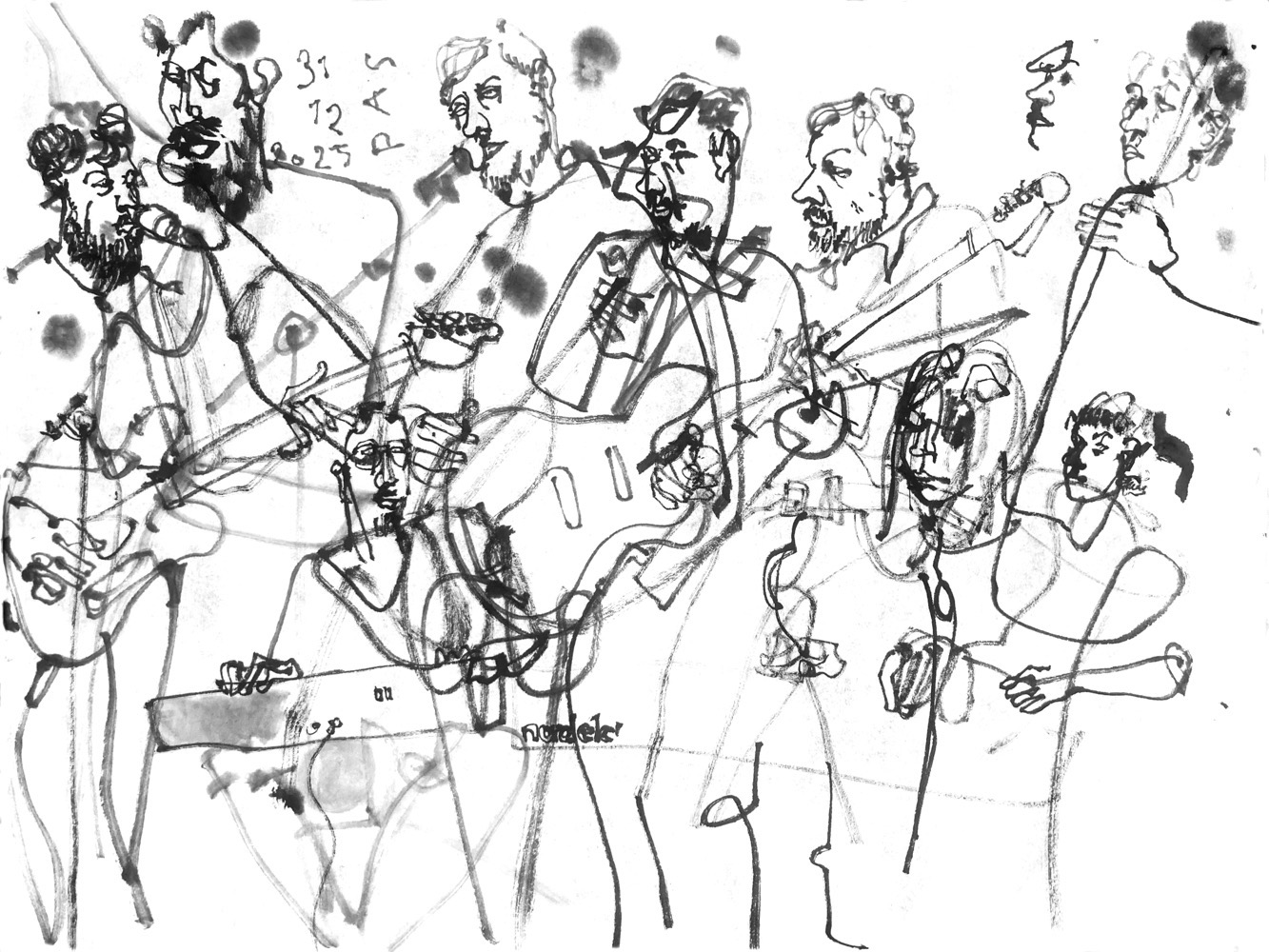 scrawly ink drawing of many musicians performing