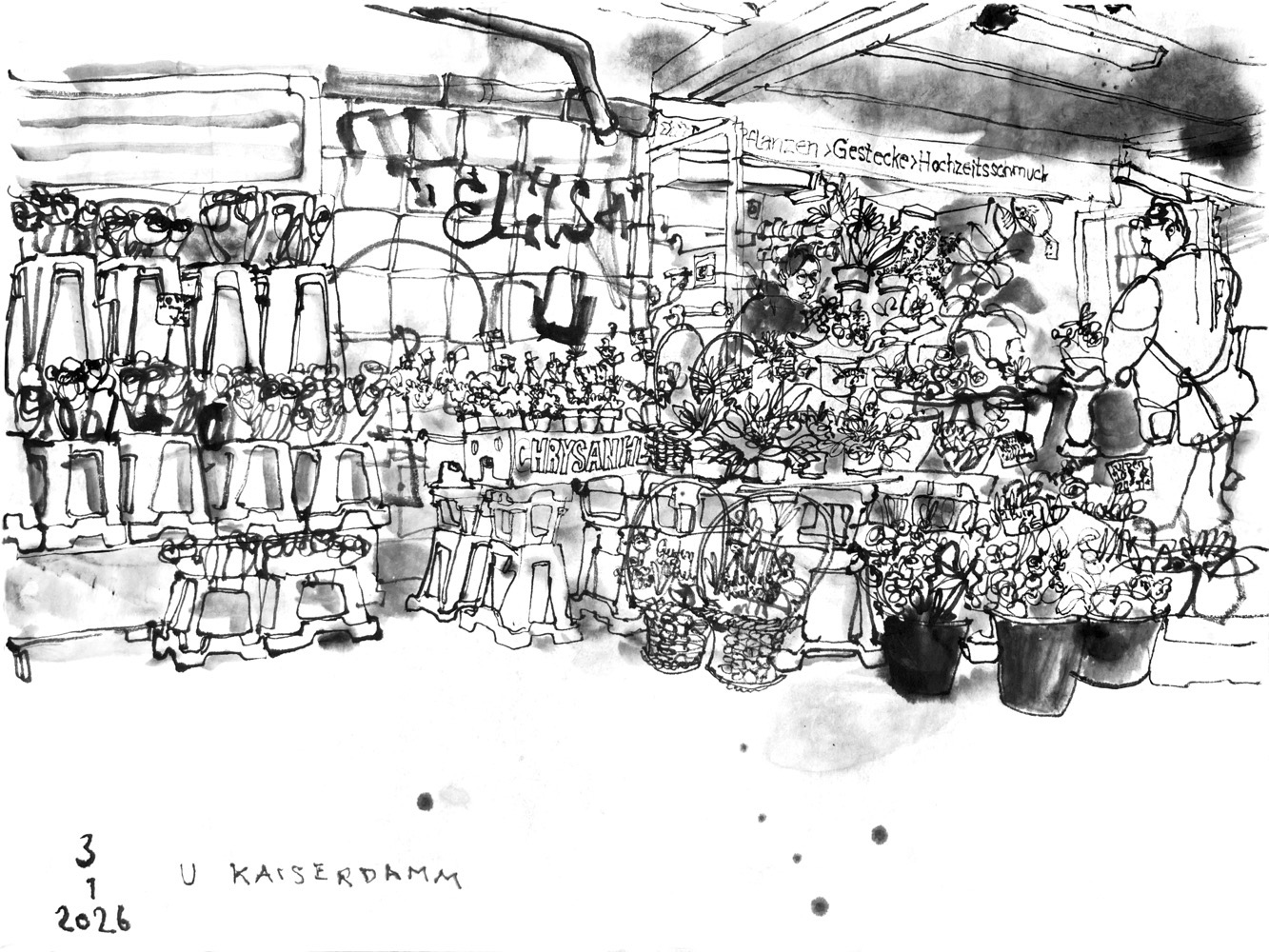 Tuschezeichnung eines Blumenladens in einem U-Bahnhof - vor einer Wnd stehen kleine Kübel und Eimer mit Blumensträußen und kleine Töpfe mit Pflanzen auf Brettern. In einem kleinen Ladenlokal in der Wand steht eine Frau hinter Sträußen, ein Mann steht vor dem Laden und betrachtet Blumen.