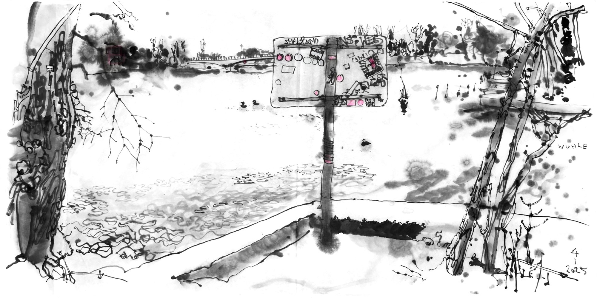 Tuschezeichnung einer Flussmündung: ein schmaler, in Betonstreifen eingefasster Fluss mündet von rechts in einen breiten Fluss. An der Ecke der Mündung steht ein Schild mit der Rückseite zum Betrachter, links ist ein dicker Baumstamm und rechts schmale Stämme, hinter dem Schild sieht man eine Brücke über den Breiten Fluss, an dessen Ufer Bäume. Am Ufer liegt Schnee.