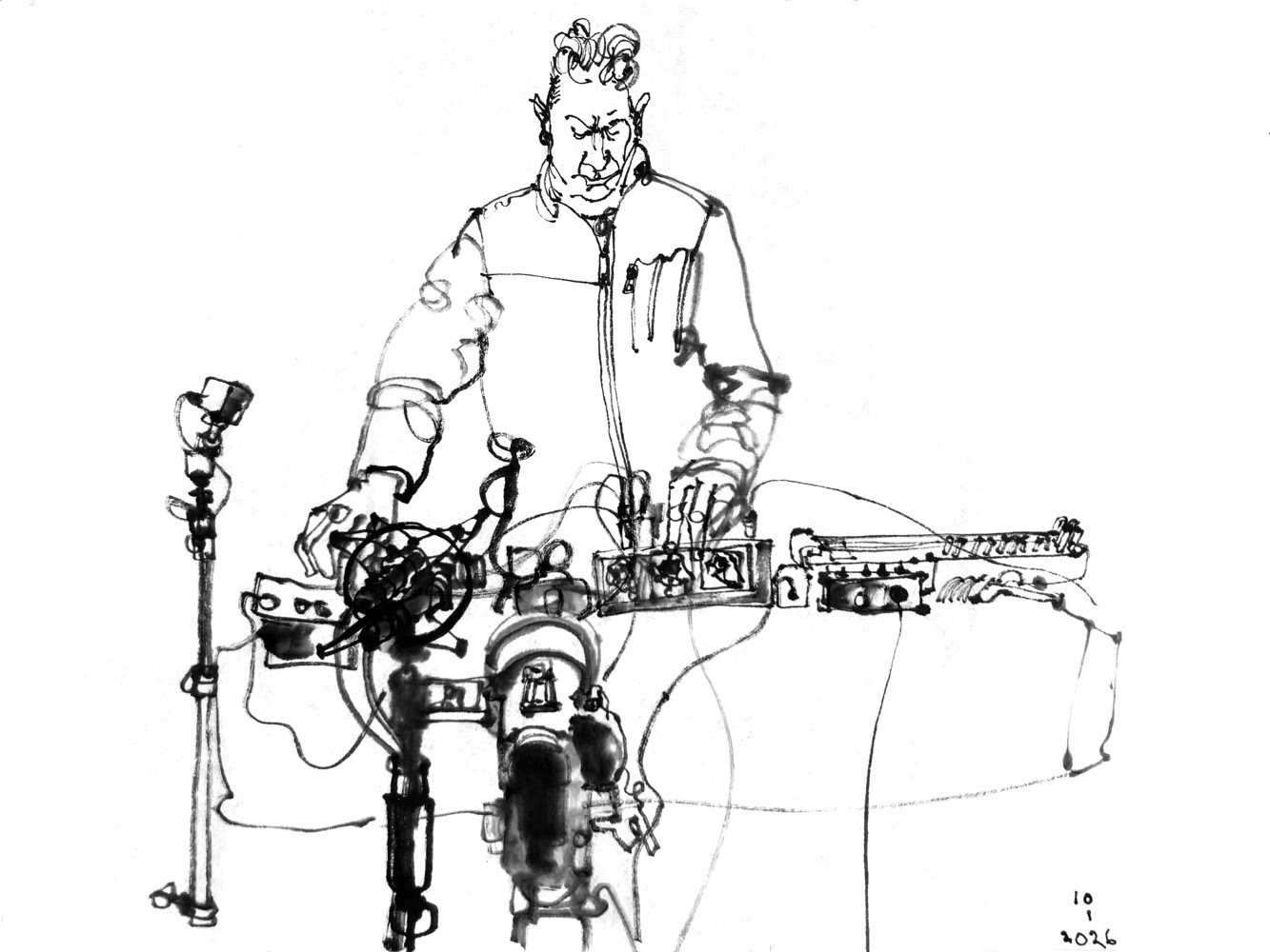 Ink drawing of a man, performing music, standing behind a desk with mostly electronic devices.