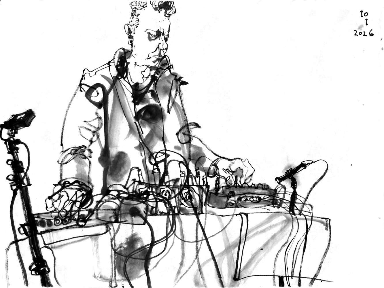 Ink drawing of a man, performing music, standing behind a desk with electronic devices.