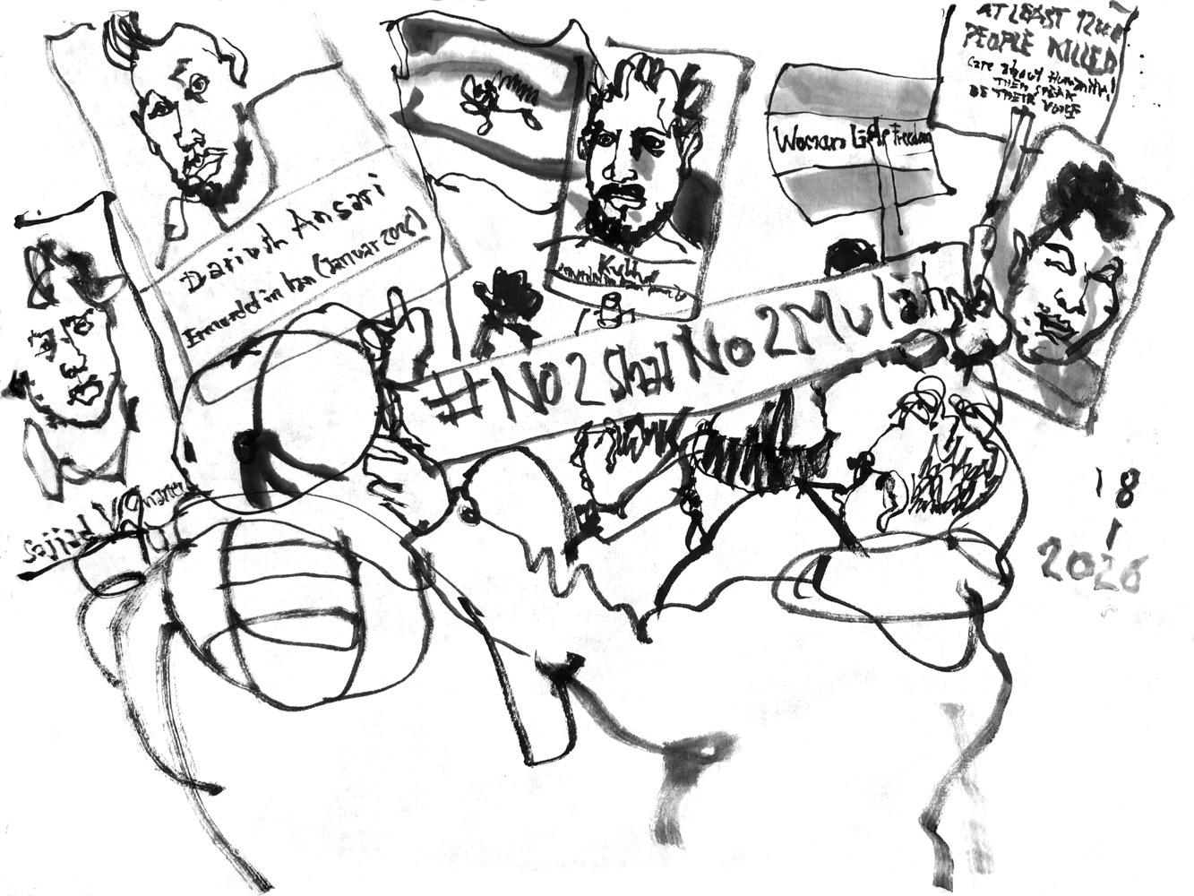 Tuschezeichnung einer Demonstration, Teilnehmende halten Plakate mit den Fotos junger Männer, unter denen ihr Name und Ermordet im Iran (Januear 2026) steht, ausserdem ein Banner mit "No2ShahNo2Mulahs".