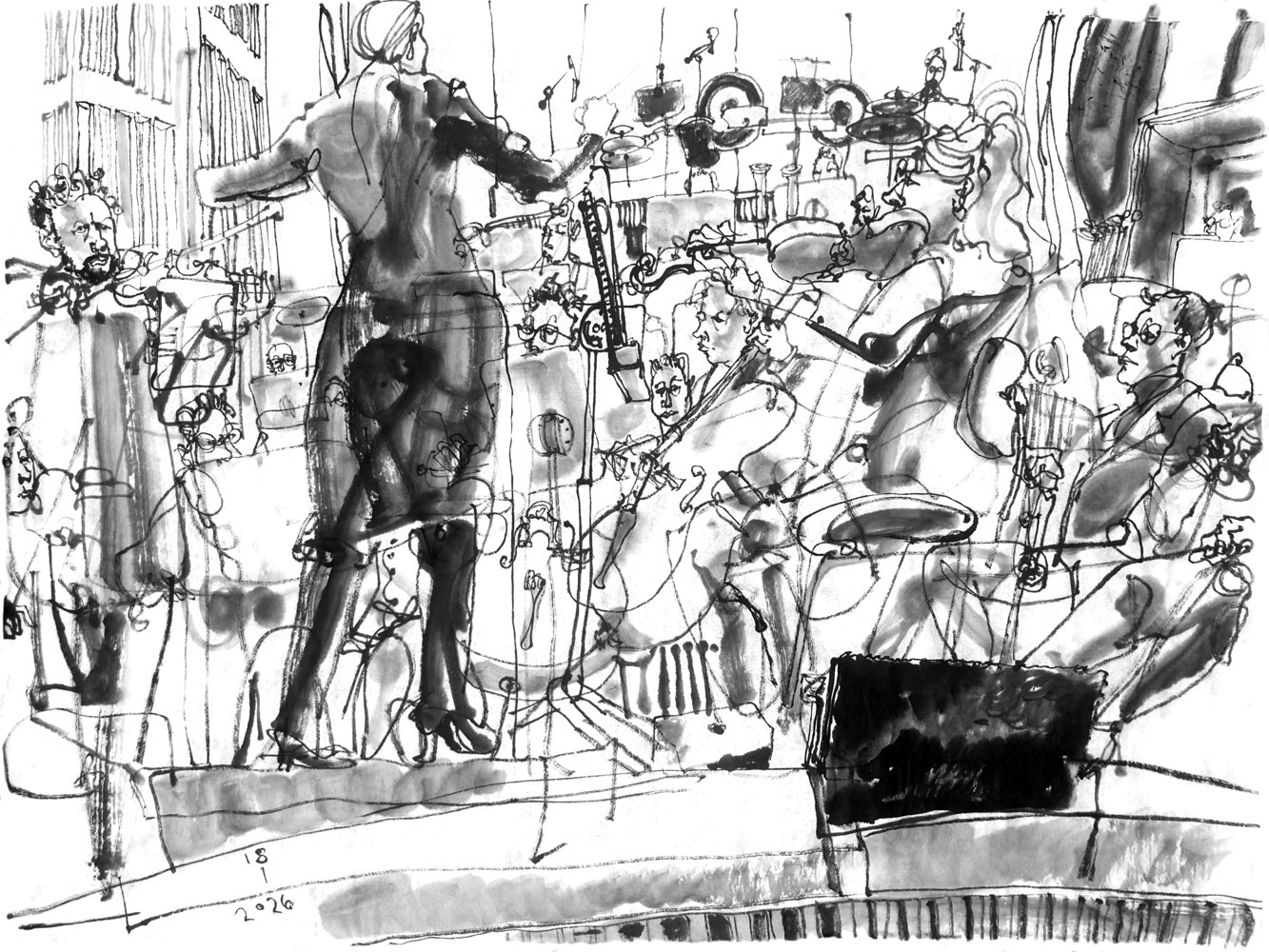 Tuschezeichnung eines Konzerts, links steht ein Solo-Geoger, mit dem Rücken zum Betrachter die Dirigenten, und dahinter ein Symphonieorchester. Man sieht viele Notenständer, vorne die Streicher und hinter den Notenständern ab und zu einen Bläser, ganz hinten Perkussionisten in einem hölzernen Konzertsaal.