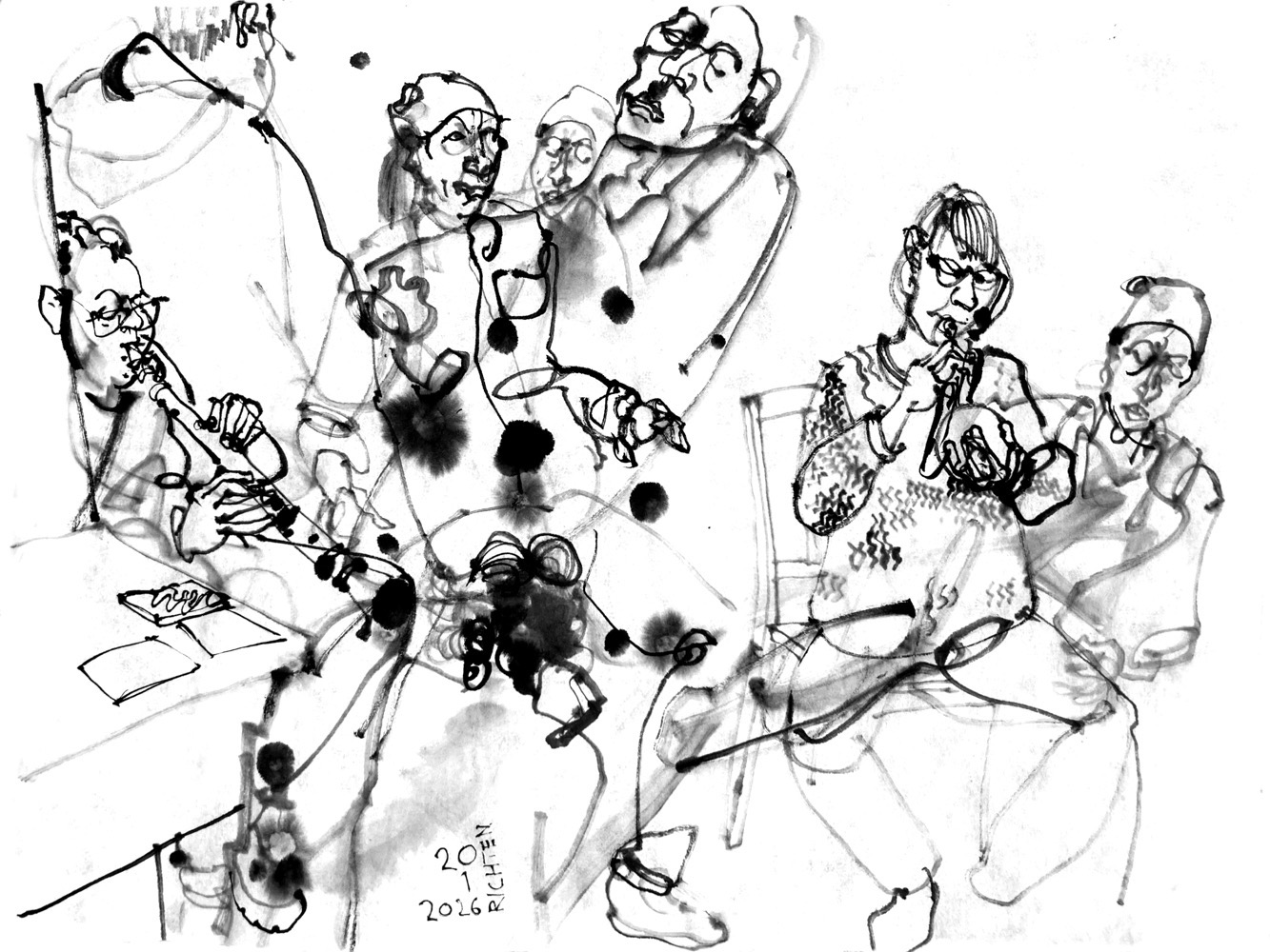 Inkdrawing of three performers, a male clrinetist, a woman playing trumpet and a man dancing, depicted in multiple poses.