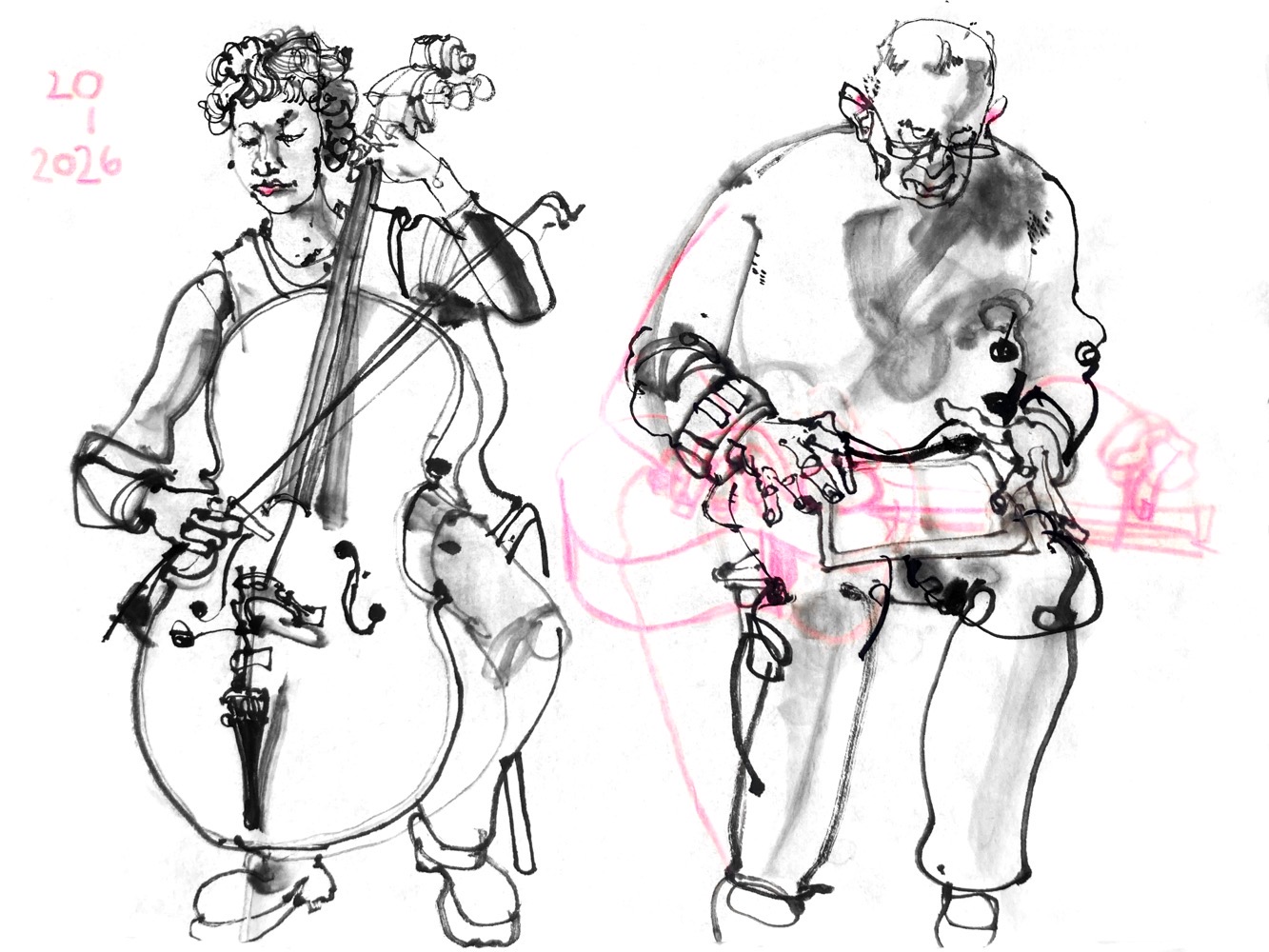 Ink drawing of a woman playing cello and a man, playing an Ipad and an acoustic guitar.
