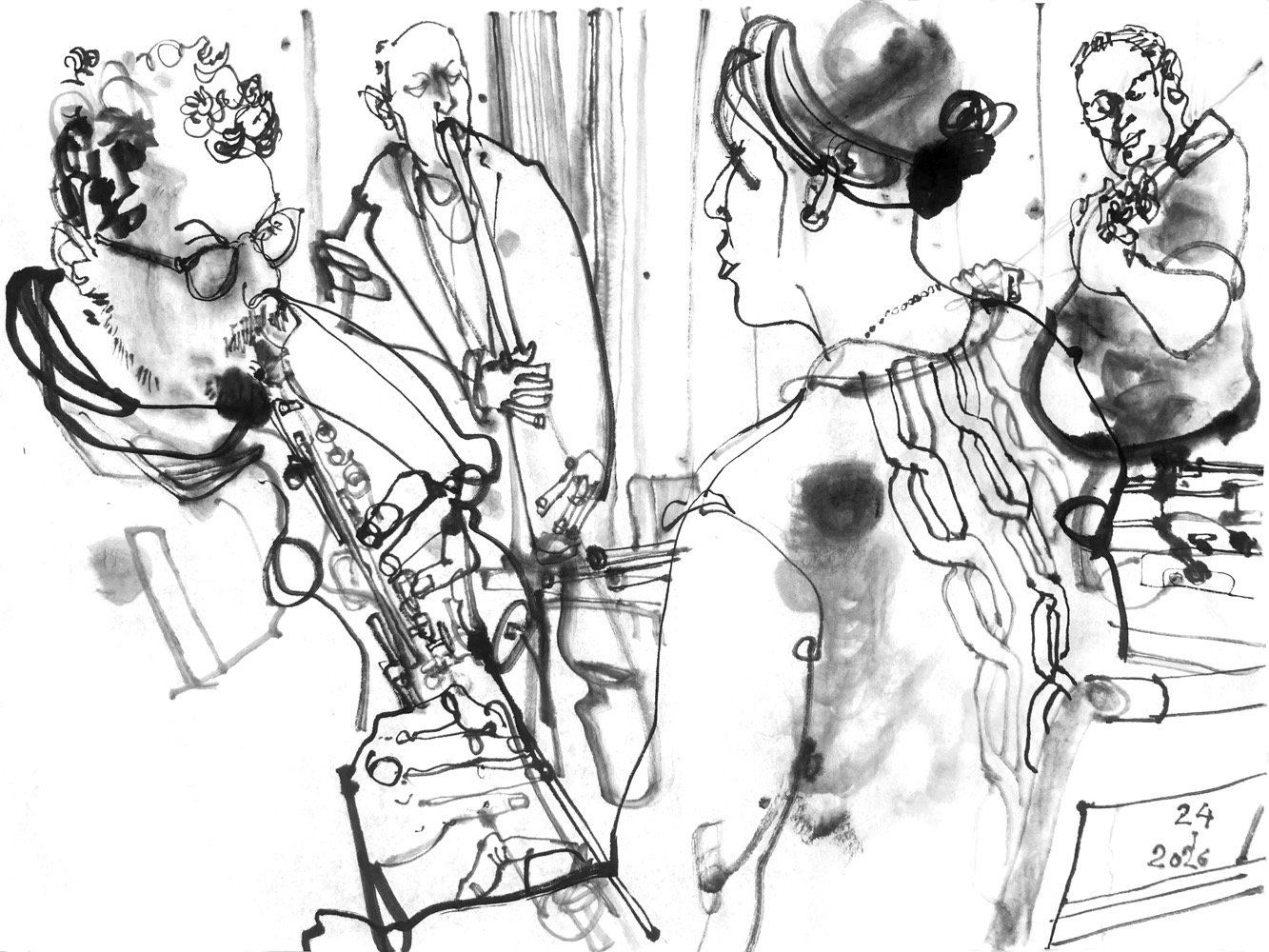 Ink drawing of four musicians performing, in the front are a man playing saxophone and a woman singing sitting opposite of each other, behind are a man playing an instrument made of two tubes and another man playing viola.