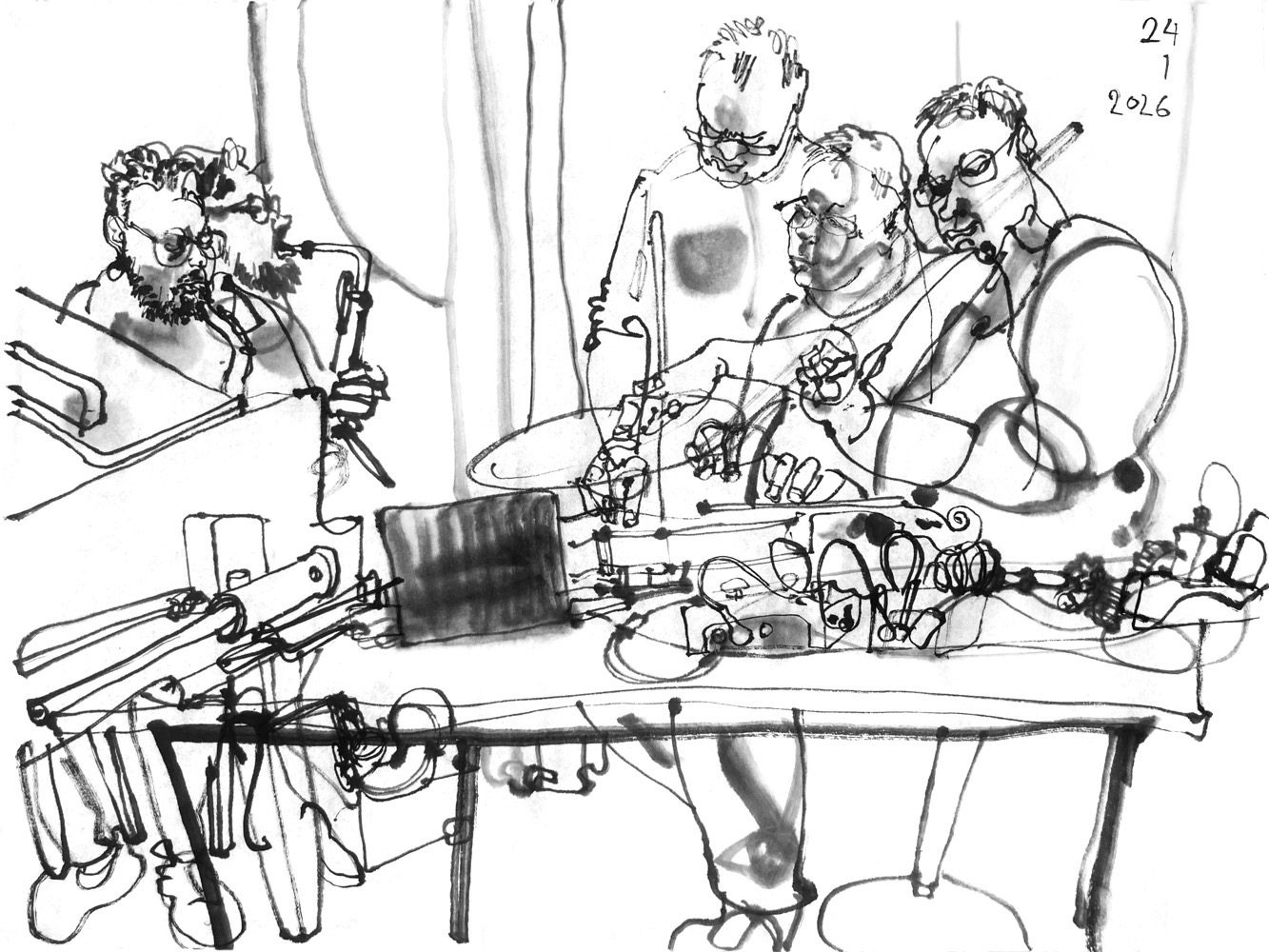 Ink drawing of a man, playing saxophone (depicted in two poses) and another man behind a desk! Playing viola in multiple ways, depicted three times.