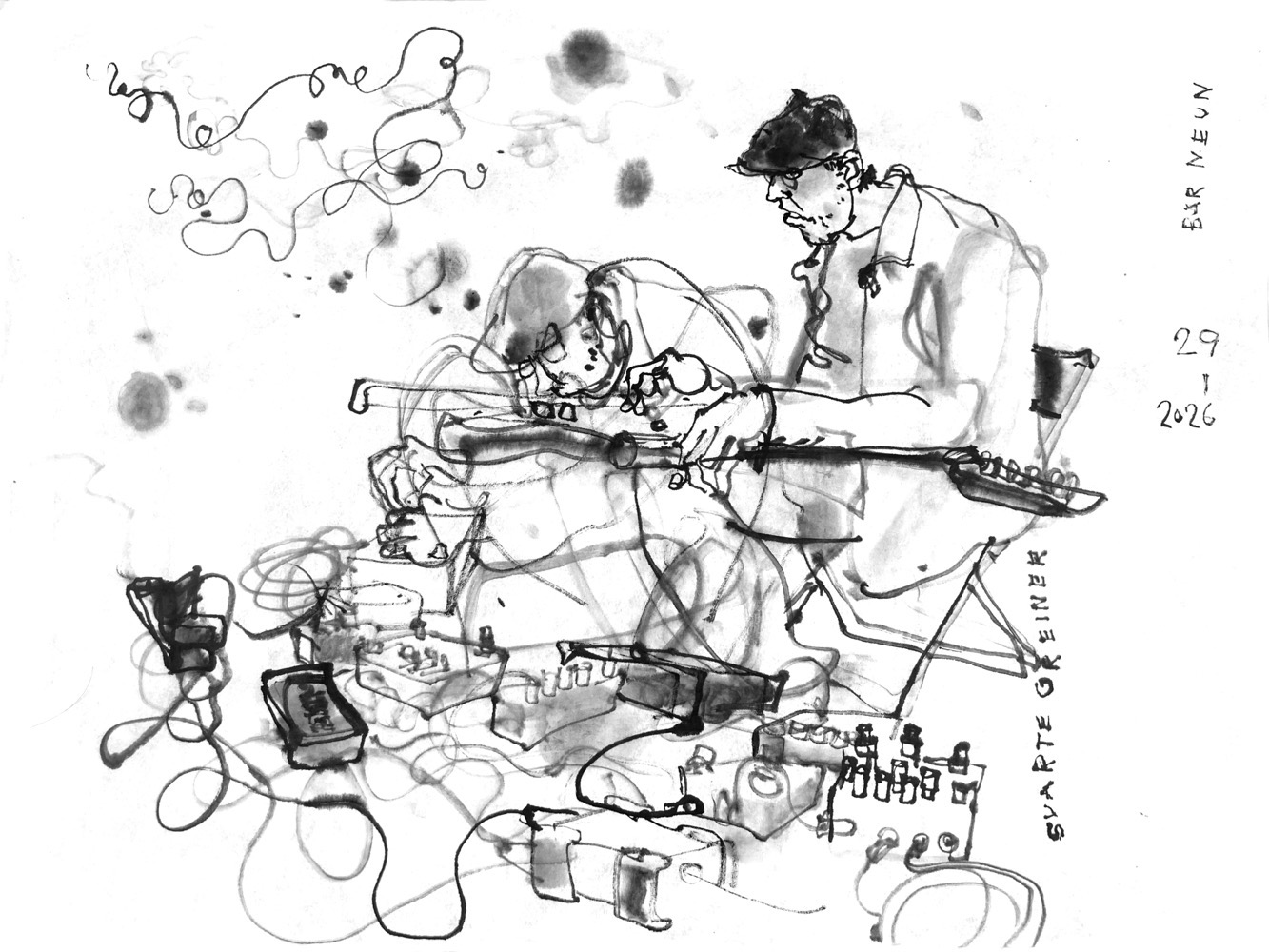 Ink drawing of a man, playing electric guitar with a bow and using lots of pedals and devices.