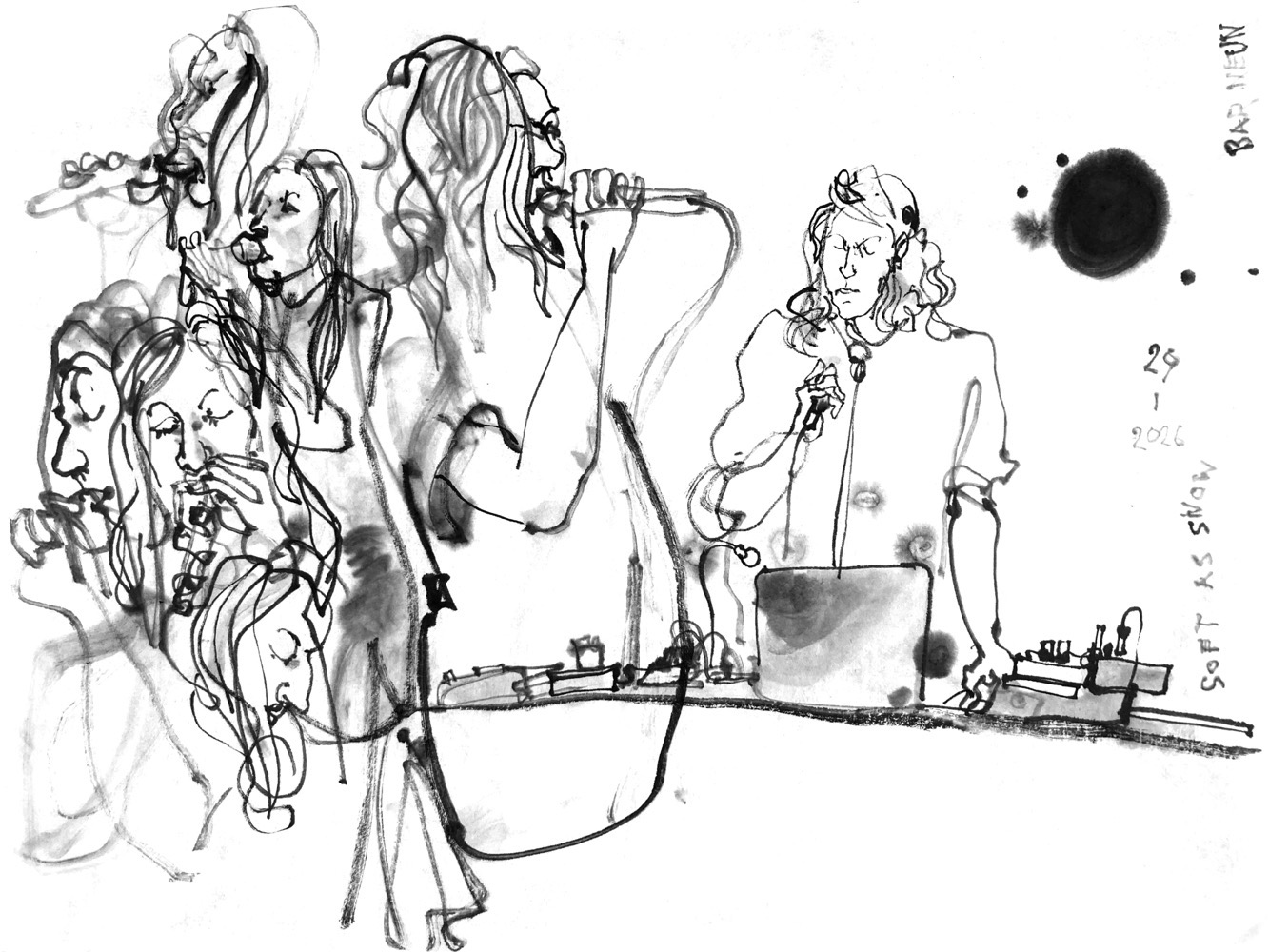 Ink drawing of two performers: A man standing behind a desk with electronics, and a woman, voicing and moving (depicted in multiple poses)