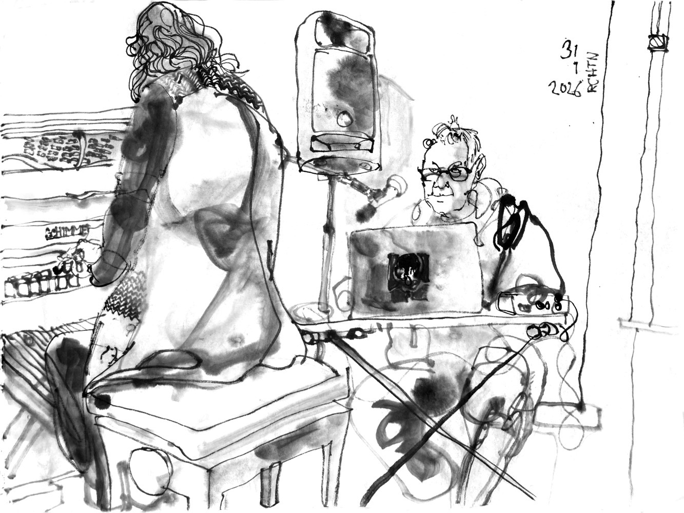 Ink drawing of a woman, playing piano and a man, sitting behind a desk with a laptop and electronic devices.