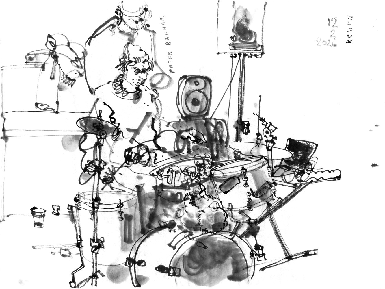 Ink drawing of a man, playing drums.