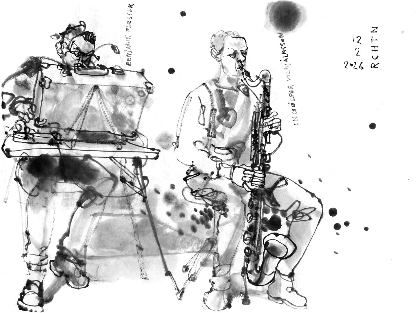 Ink drawing of two musicians, performing. One man is sitting behind a desk with a modular synthesize, another man is sitting on a stool and playing a bass clarinet.