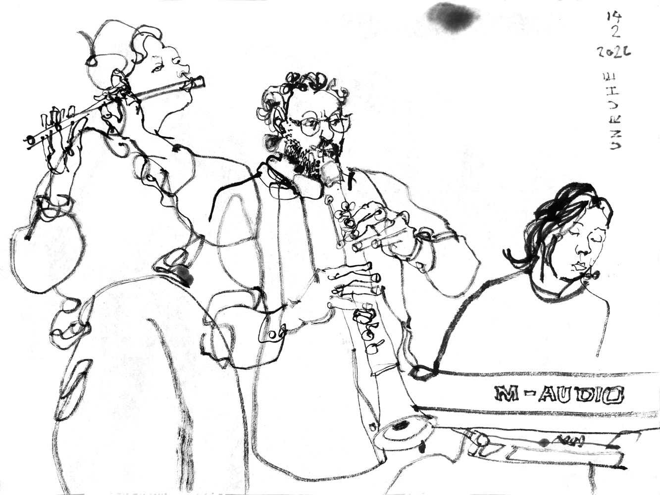 Tuschezeichnung deier Musiker, eine Frau spielt Querflöte, ein Mann Klarinette und eine Frau Synthesizer.