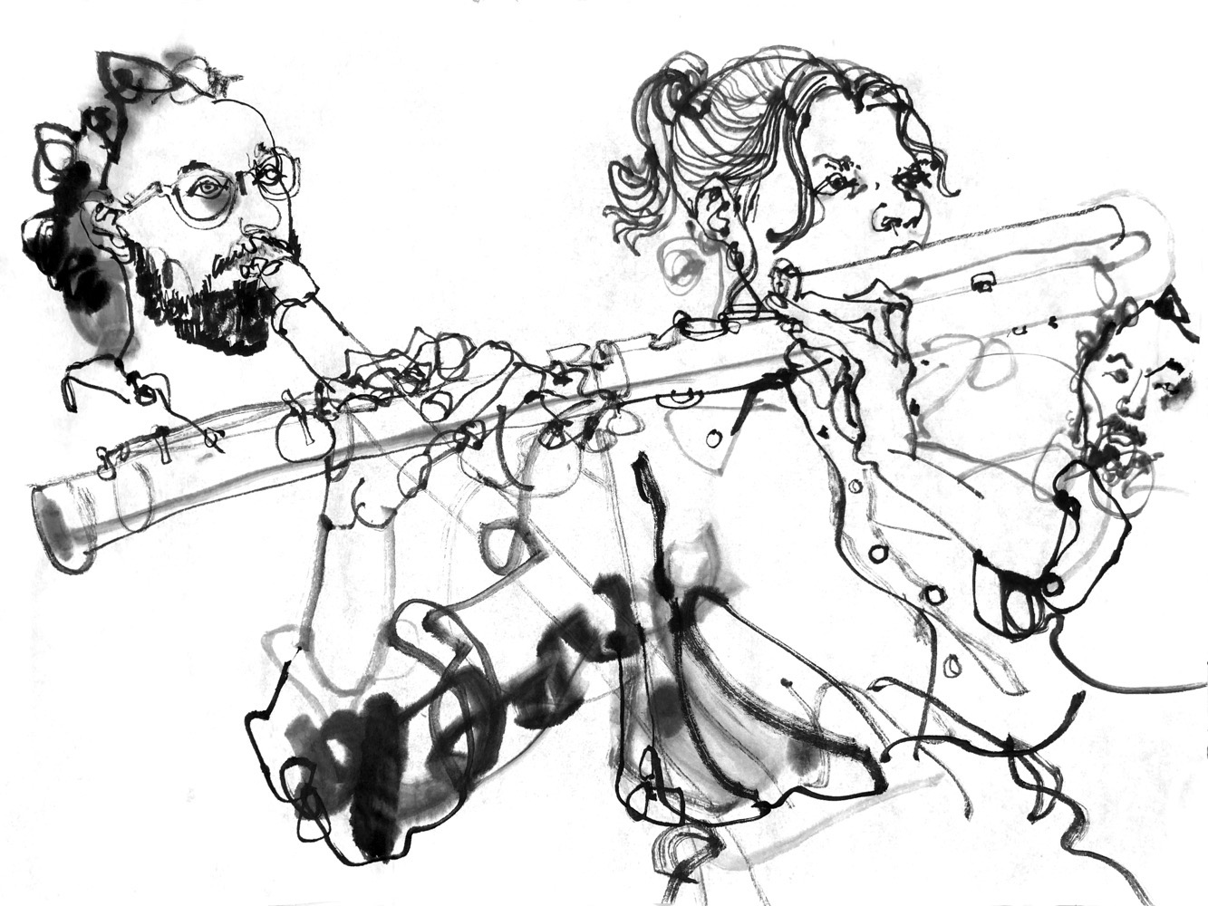 Tuschezeichnung dreier Musiker, ein Mann spielt Klarinette, ein Frau Basflöte und im Hintergrund ein mann Elektronik.
