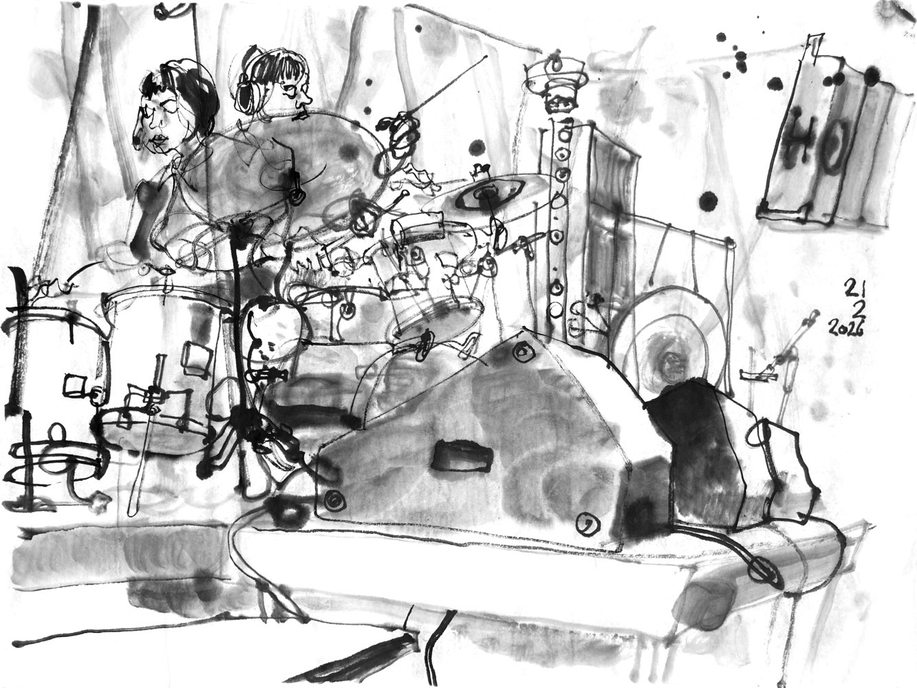 Ink drawing of a woman, playing drums.