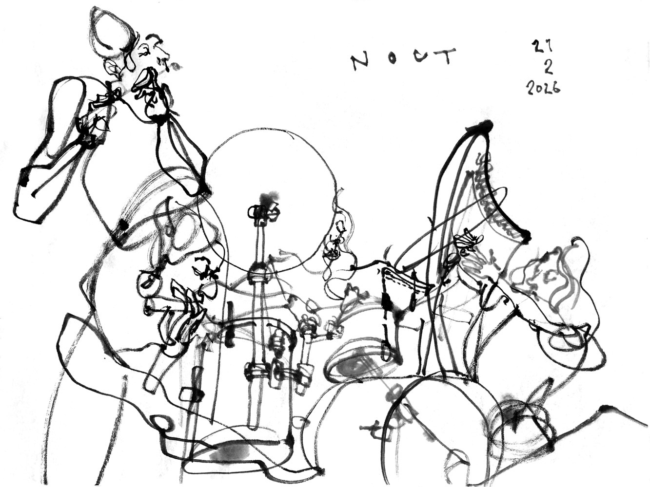 Ink drawing of a woman, playing flute, a woman playing drums and a third woman playing harp.